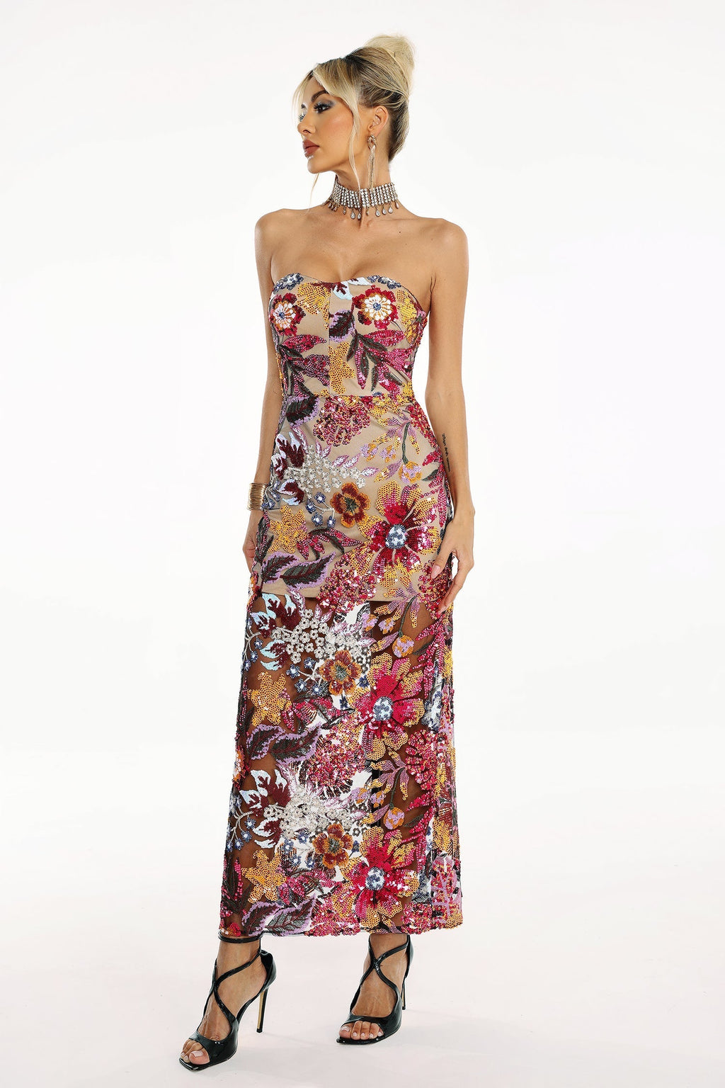 Amy multicolor floral glitter maxi dress with vibrant floral patterns and sequins for special occasions