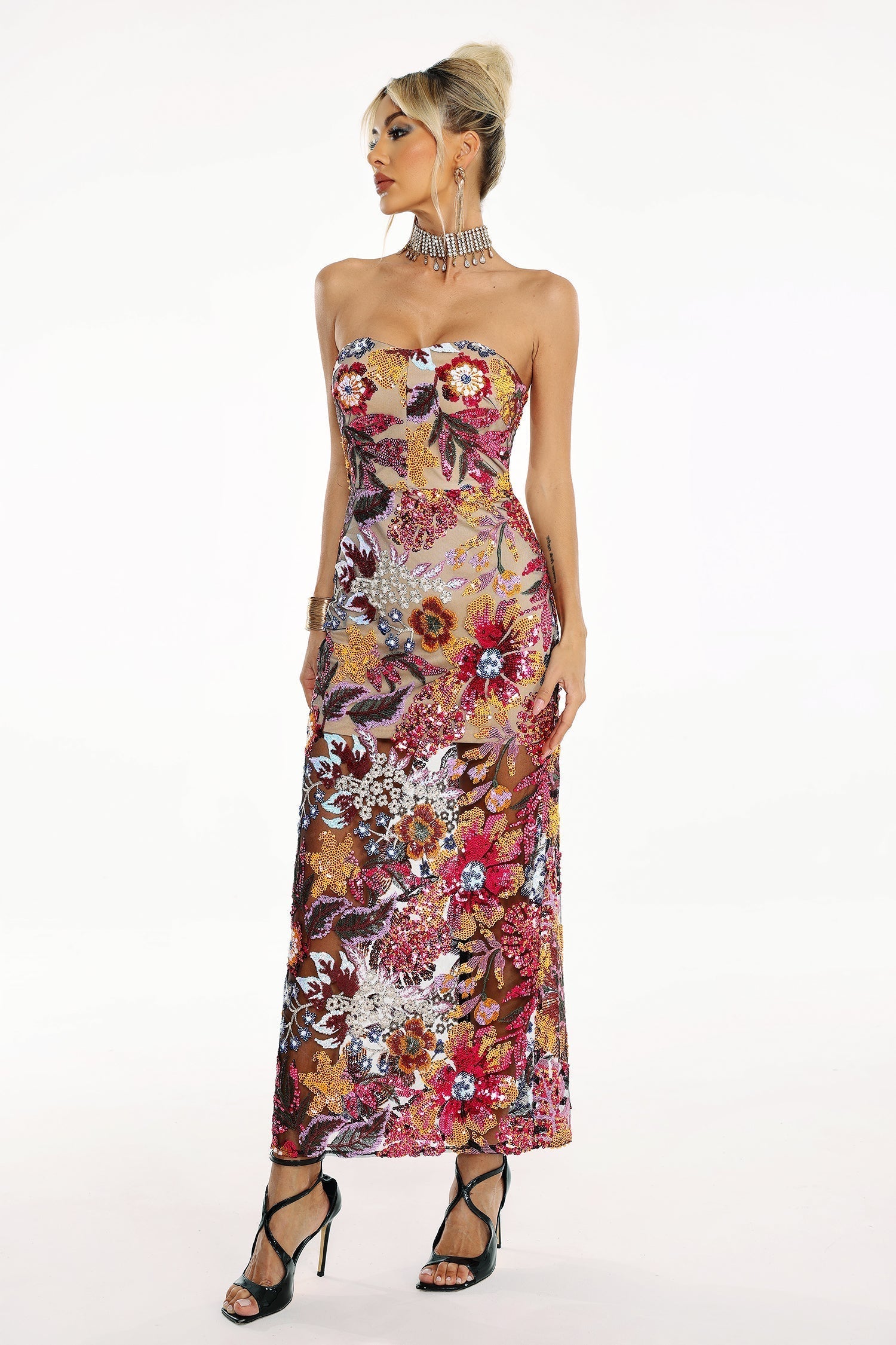 Amy multicolor floral glitter maxi dress with vibrant floral patterns and sequins for special occasions