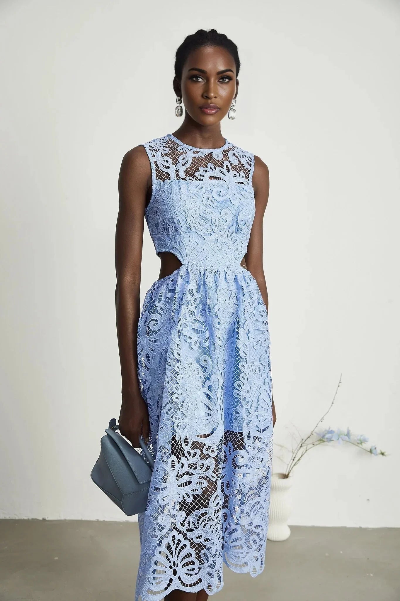 Amy Floral Midi Dress - Round Neck - Sleeveless - Cinched Waist - Cut - out Detailing