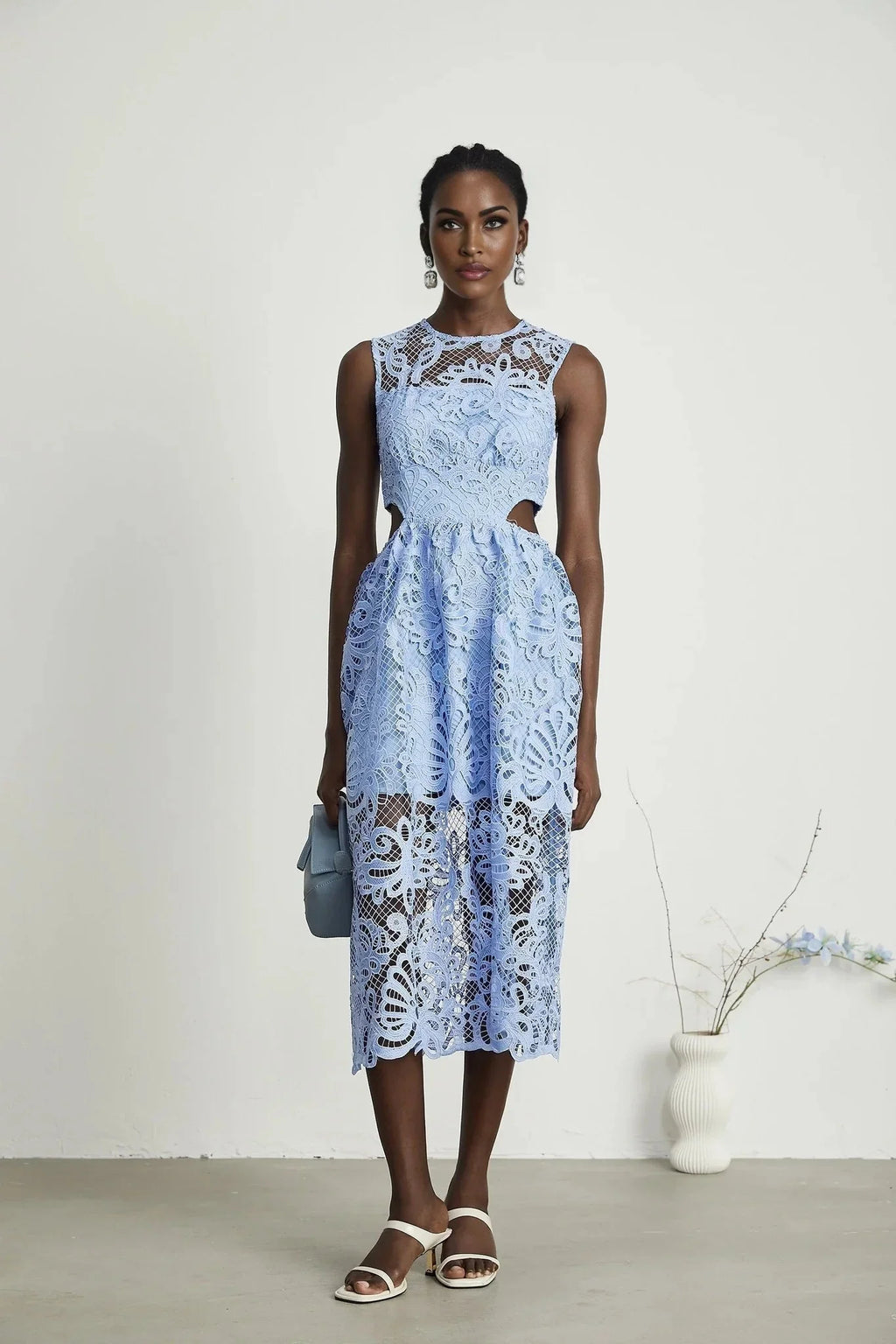 Amy Floral Midi Dress - Round Neck - Sleeveless - Cinched Waist - Cut - out Detailing