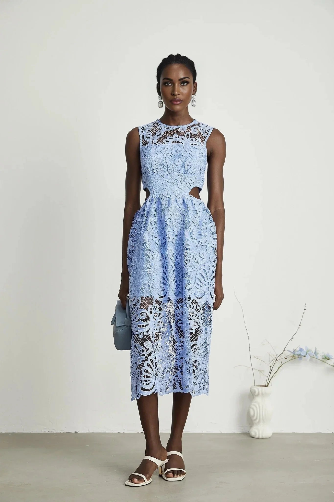 Amy Floral Midi Dress - Round Neck - Sleeveless - Cinched Waist - Cut - out Detailing