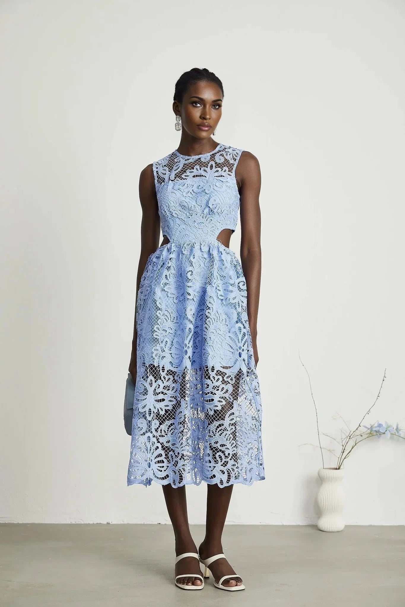 Amy Floral Midi Dress - Round Neck - Sleeveless - Cinched Waist - Cut - out Detailing