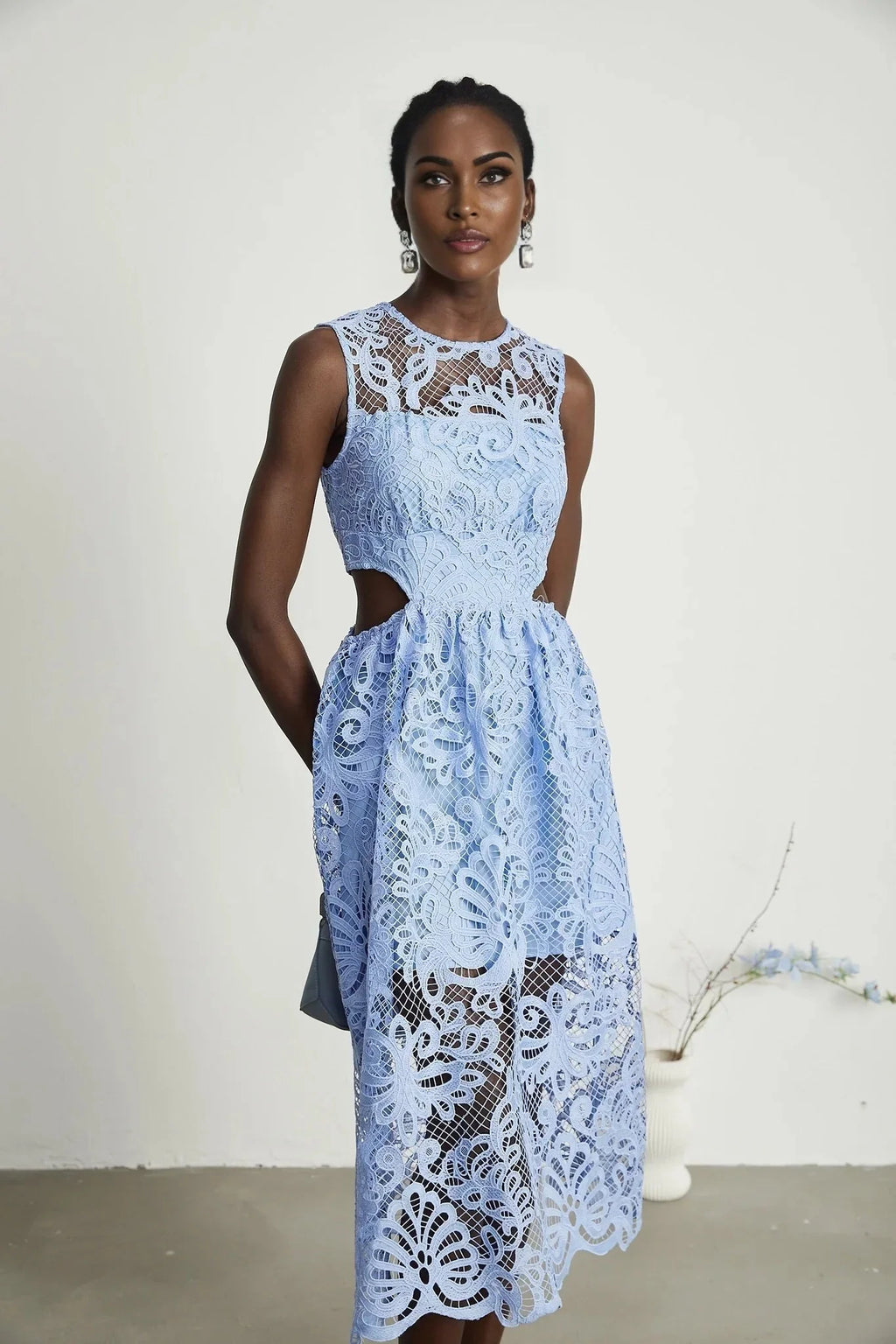 Amy Floral Midi Dress - Round Neck - Sleeveless - Cinched Waist - Cut - out Detailing