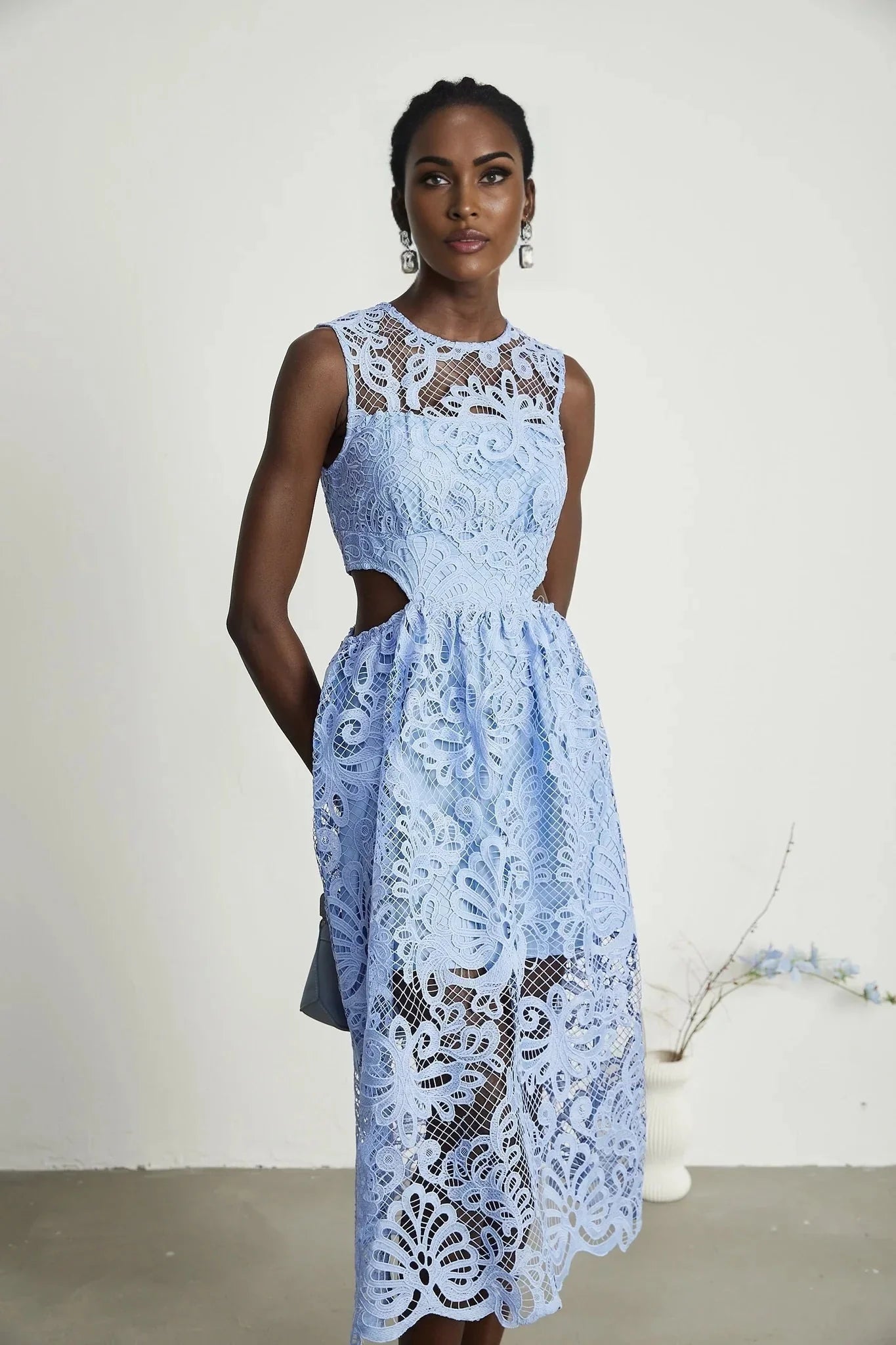 Amy Floral Midi Dress - Round Neck - Sleeveless - Cinched Waist - Cut - out Detailing