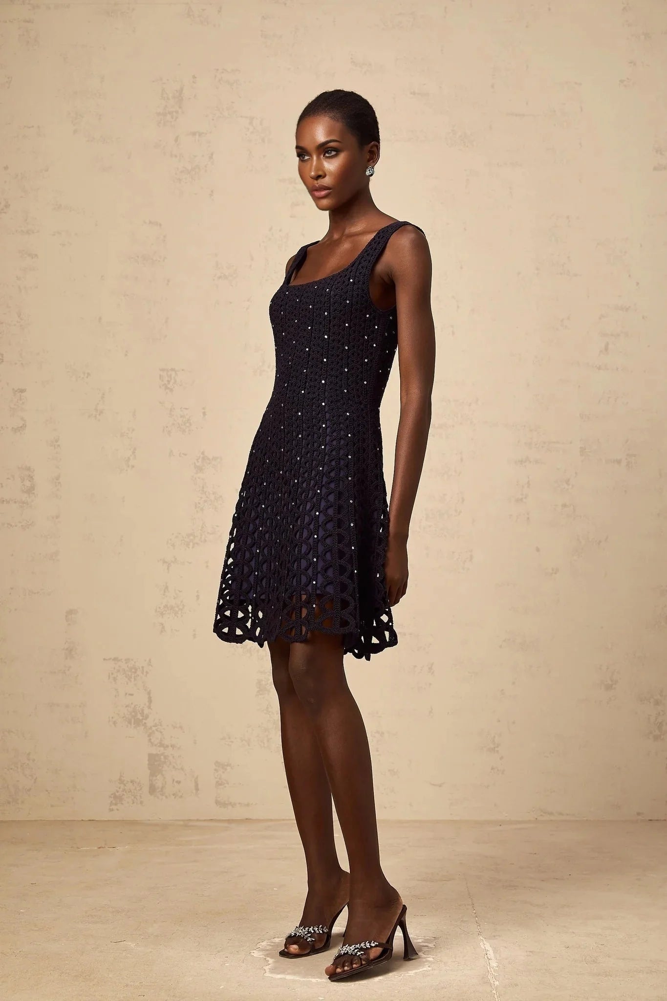 Amy Mini Dress Dark - Blue Crochet - Knit Rhinestone Embellished