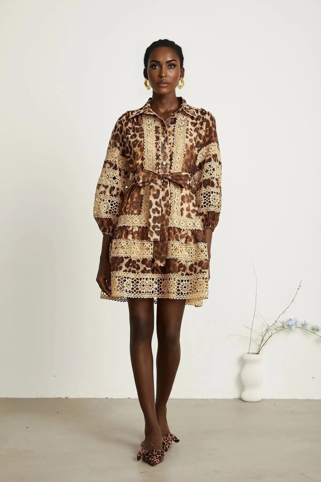 Amy Mini Dress - Lapel Detail - Leopard - Cut - Out Design - Button Fastening