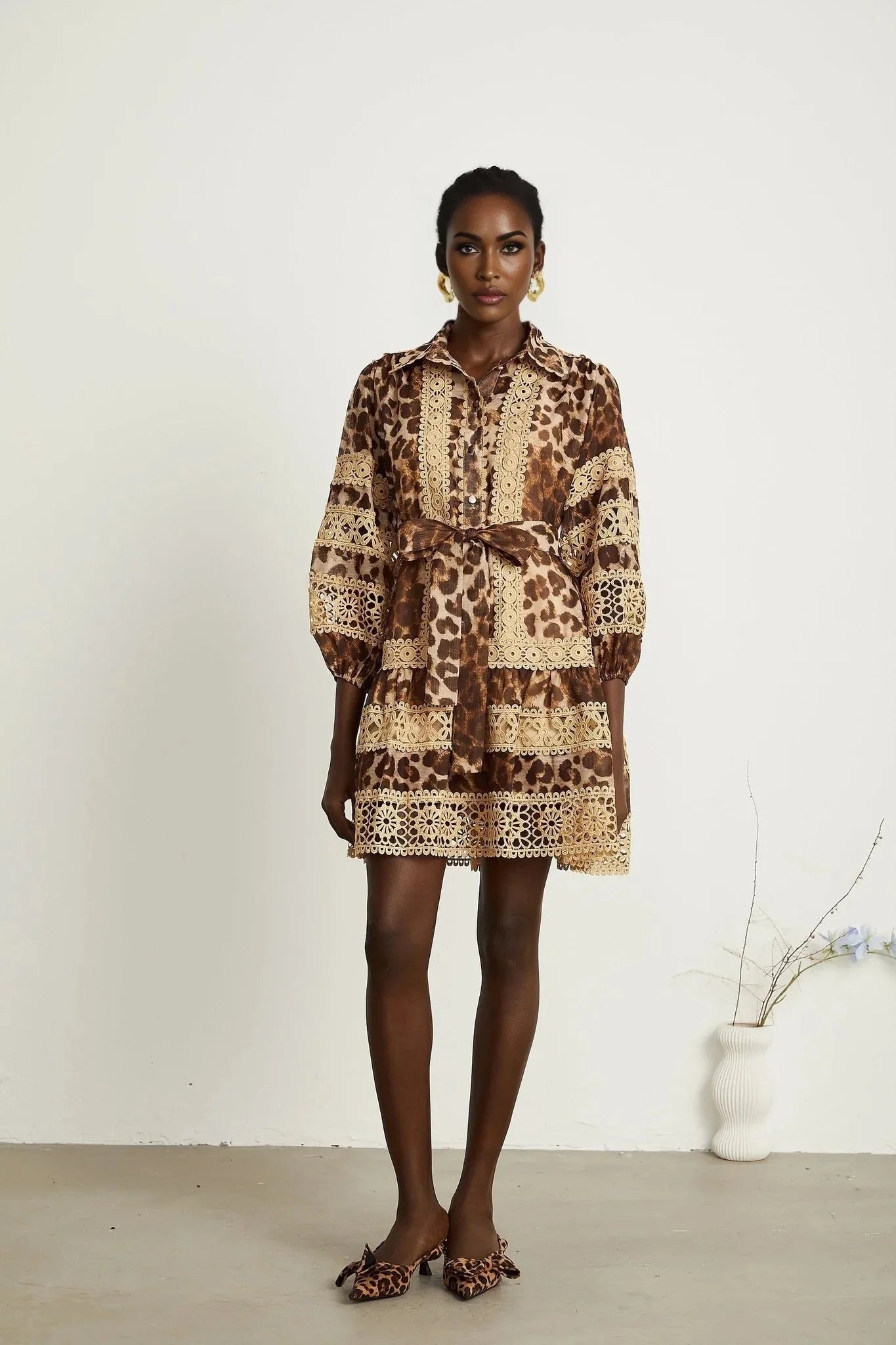 Amy Mini Dress - Lapel Detail - Leopard - Cut - Out Design - Button Fastening