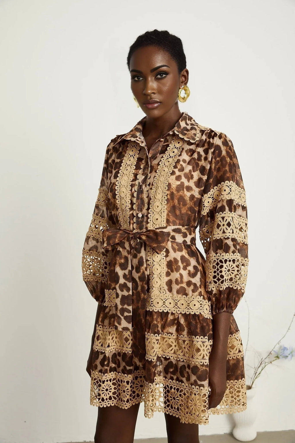 Amy Mini Dress - Lapel Detail - Leopard - Cut - Out Design - Button Fastening