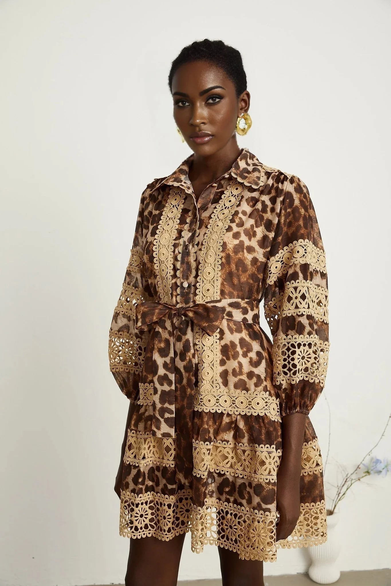 Amy Mini Dress - Lapel Detail - Leopard - Cut - Out Design - Button Fastening