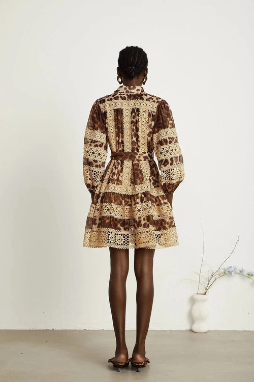Amy Mini Dress - Lapel Detail - Leopard - Cut - Out Design - Button Fastening