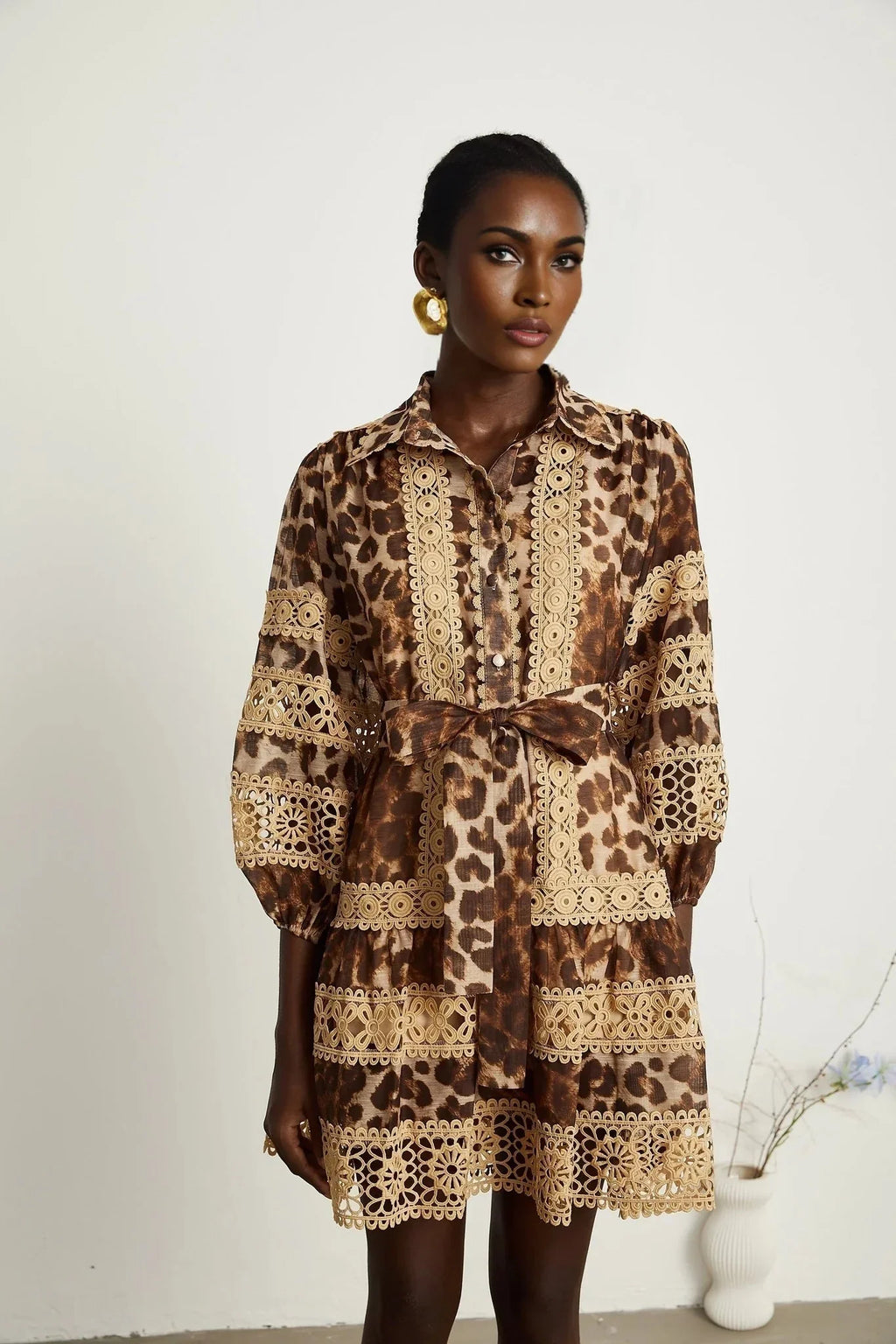 Amy Mini Dress - Lapel Detail - Leopard - Cut - Out Design - Button Fastening