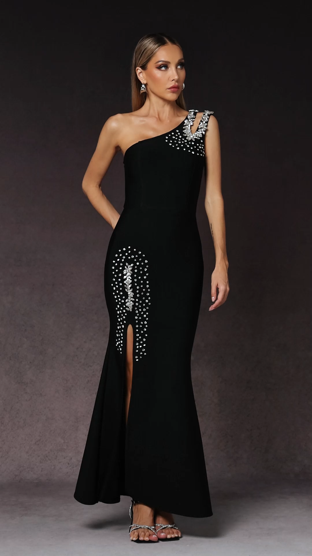 Anastasia Black One-Shoulder Diamond Detail Slit Dress