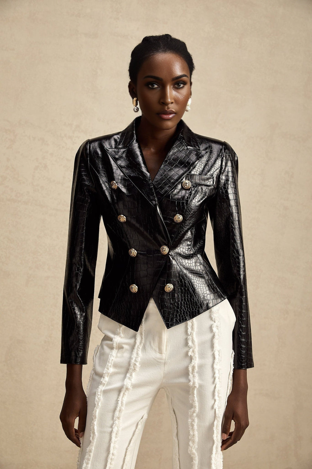 Anastasia Jacket - Peak Lapels - Buttoned Cuffs - Cinched Waist - Patent Finish