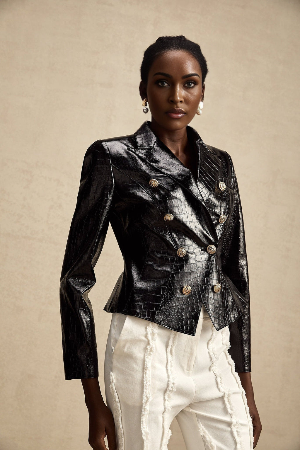 Anastasia Jacket - Peak Lapels - Buttoned Cuffs - Cinched Waist - Patent Finish