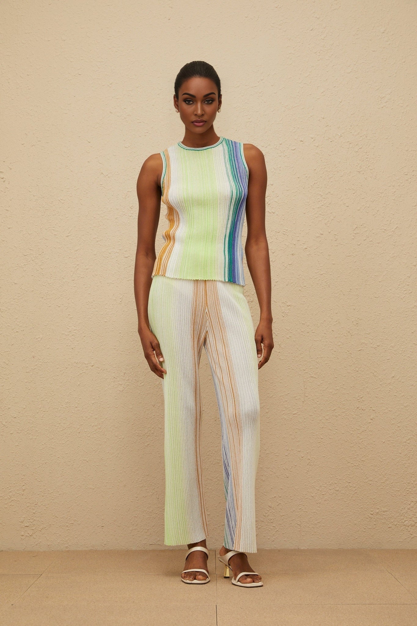 Anastasia Top & Trousers Set - Knitted Construction - Sleeveless Round Neck Top - High Rise Wide Leg Trousers - Glitter Detailing