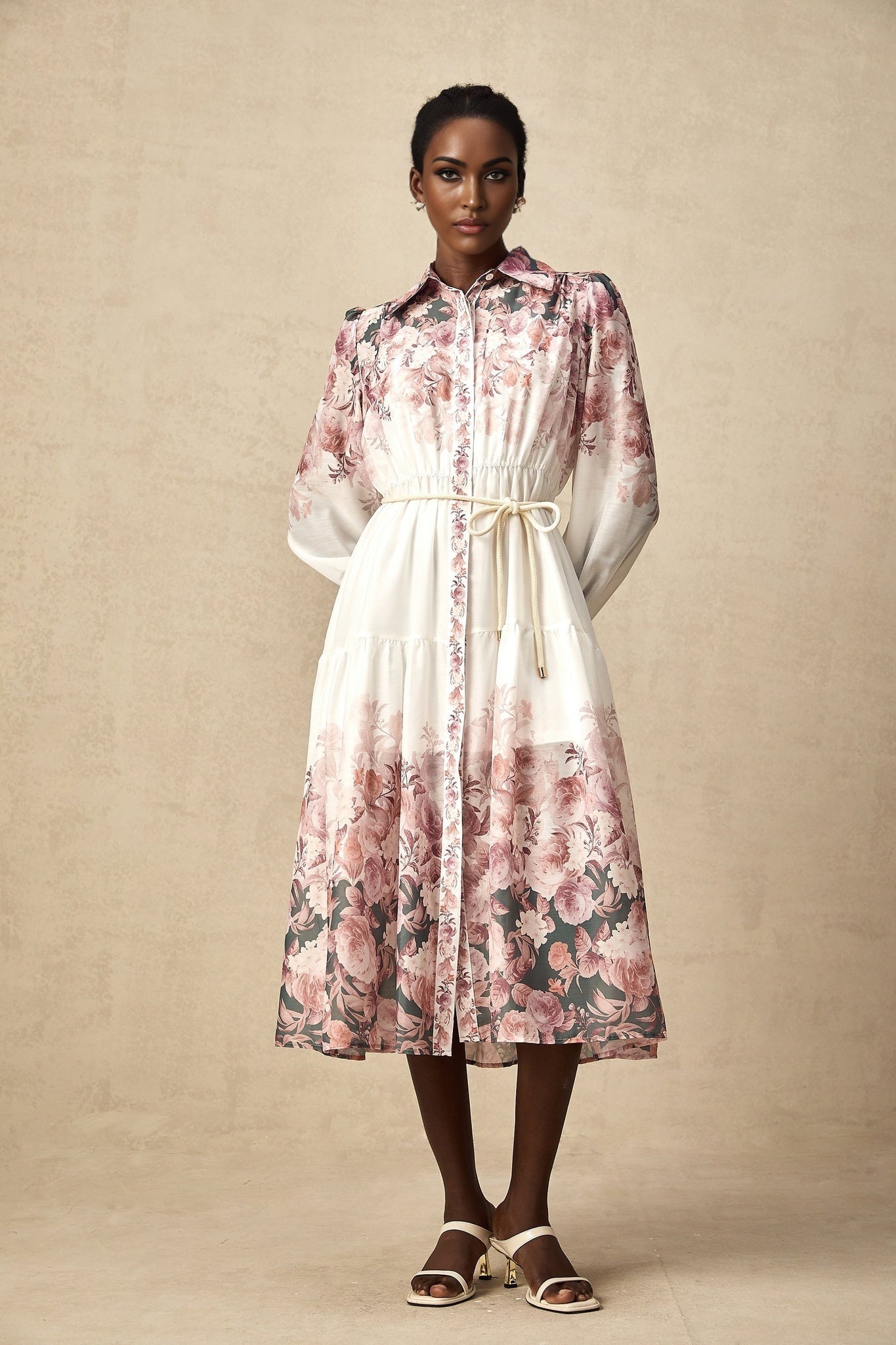 Andrea Floral Midi Dress - Classic Collar - Long Lantern Sleeves - Tied Waist Feature - Single - Breasted Button Fastening