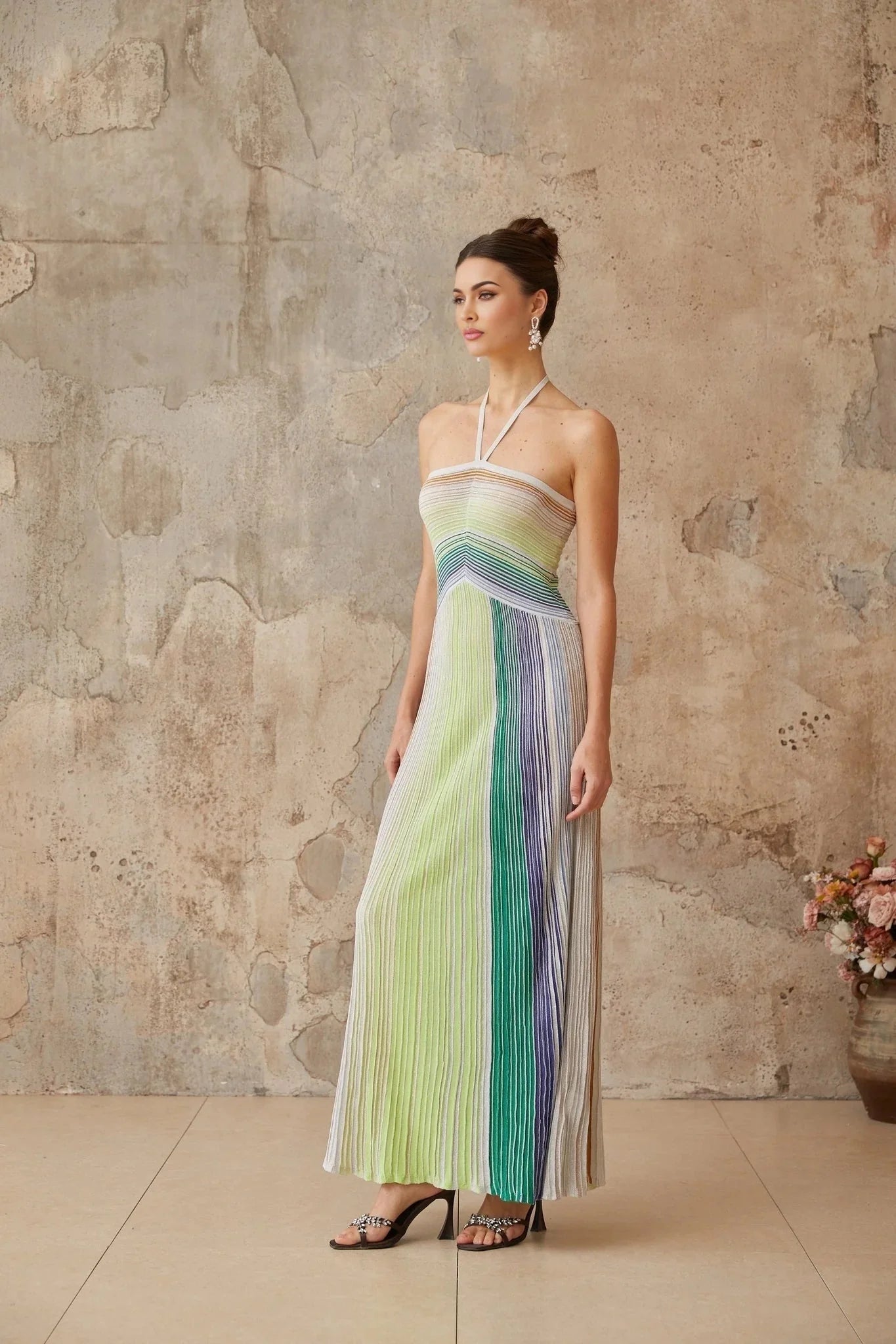 Andrea Maxi Dress Green Striped Glitter Halter - neck Open - back