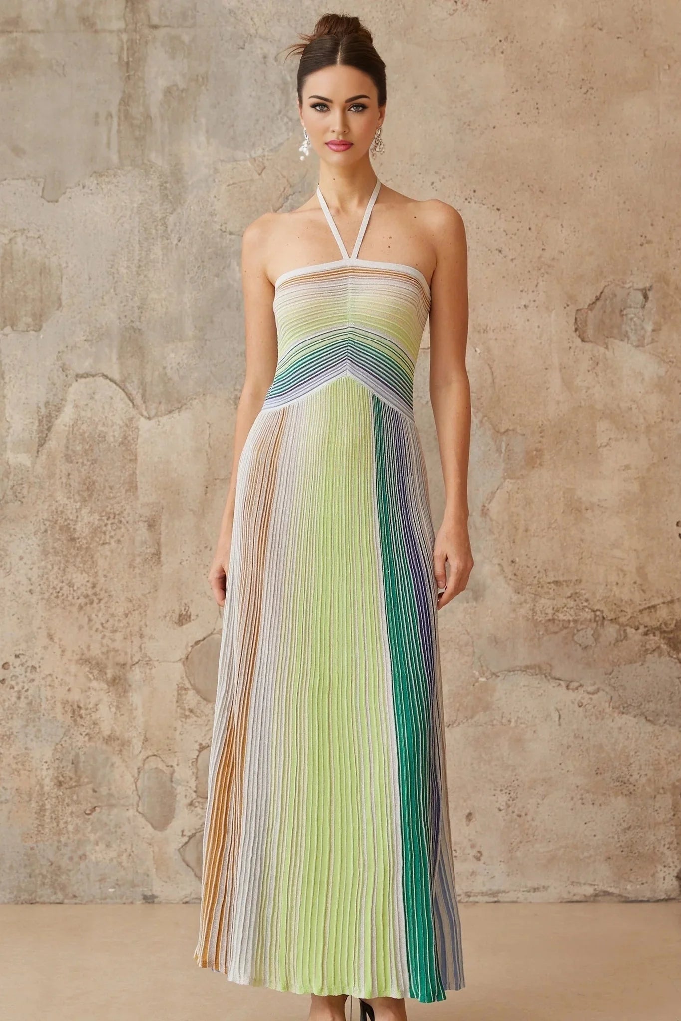 Andrea Maxi Dress Green Striped Glitter Halter - neck Open - back
