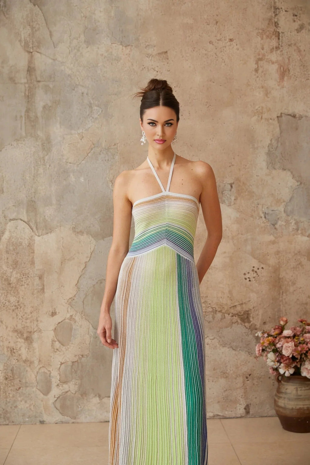 Andrea Maxi Dress Green Striped Glitter Halter - neck Open - back