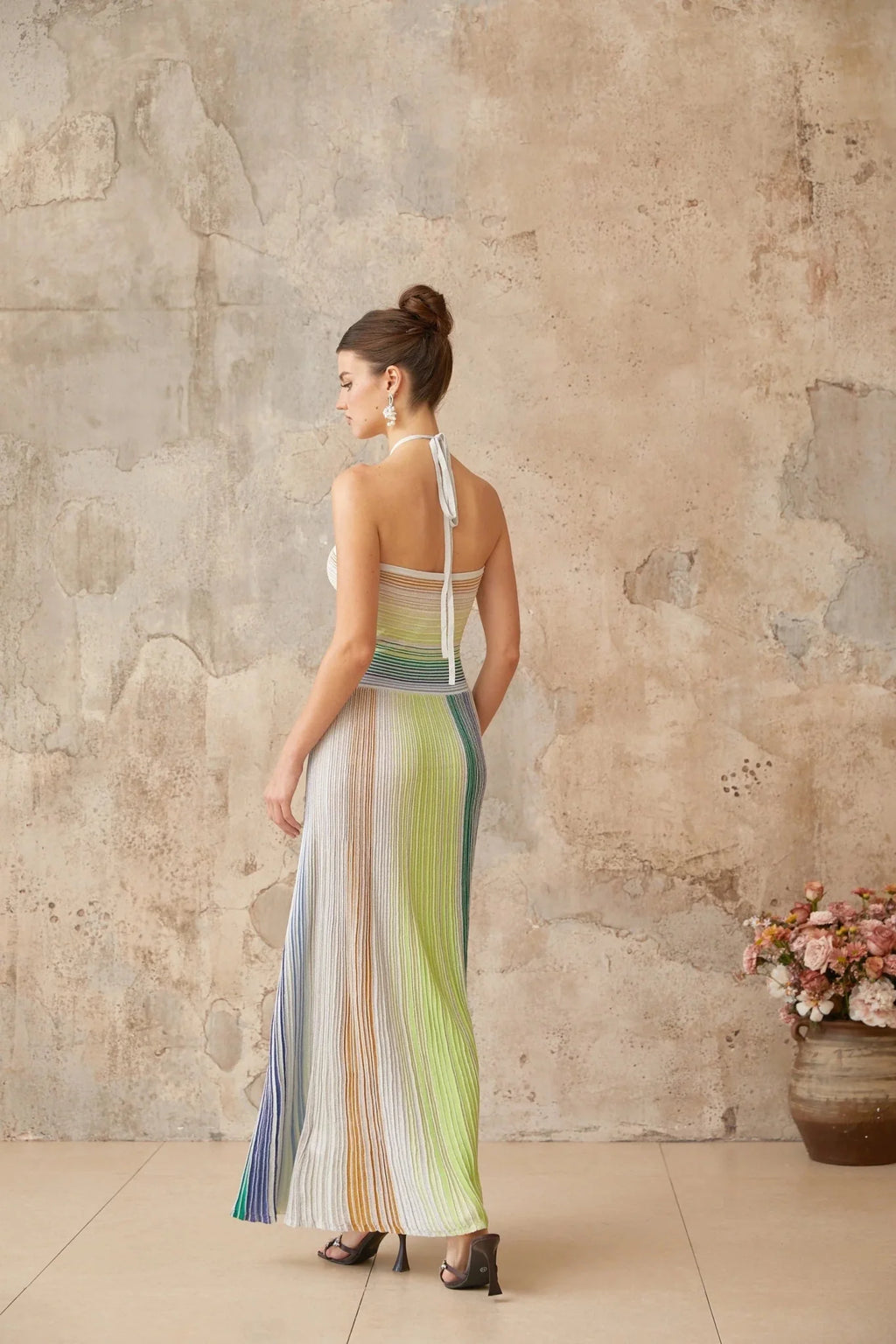 Andrea Maxi Dress Green Striped Glitter Halter - neck Open - back