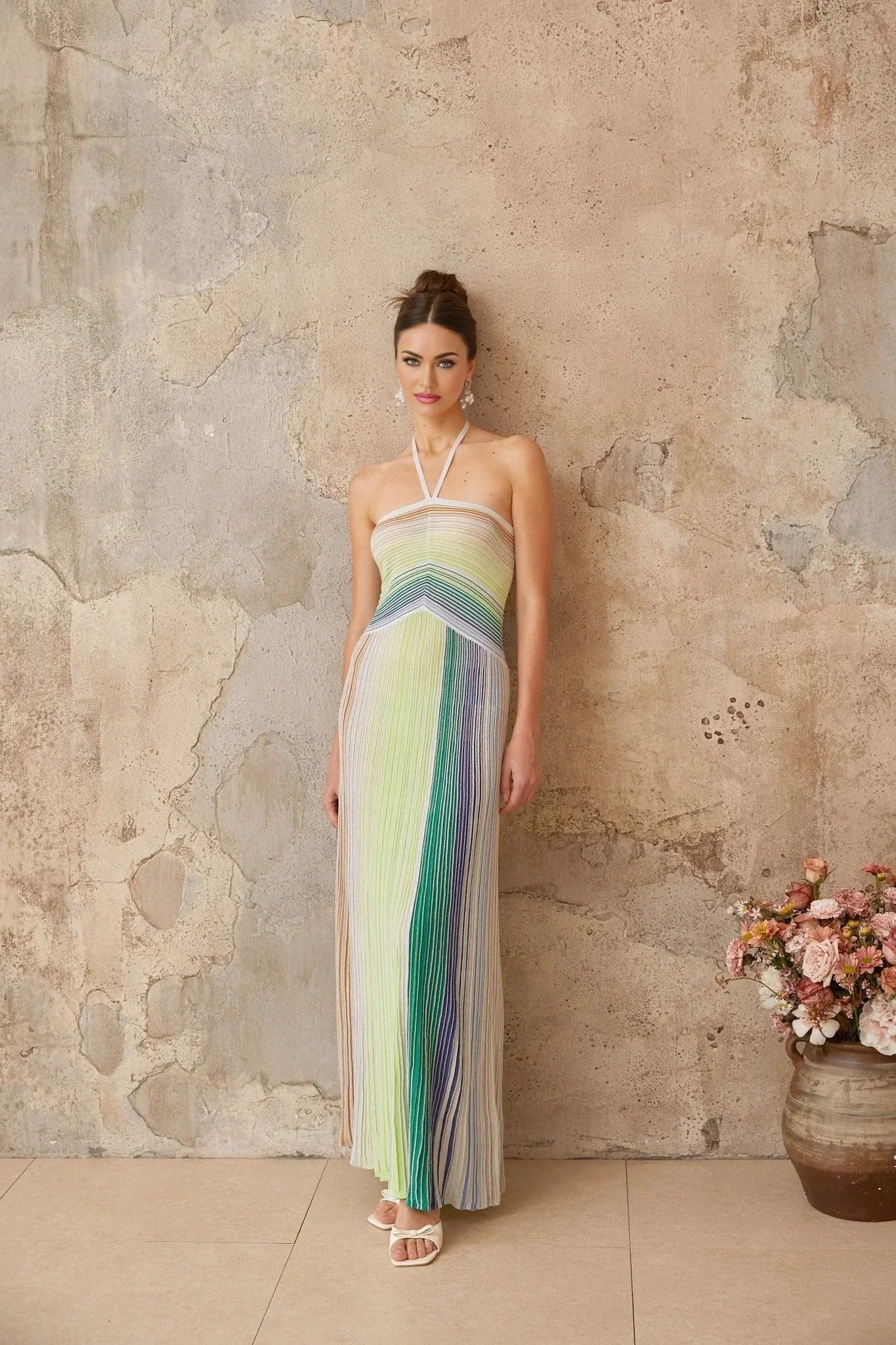 Andrea Maxi Dress Green Striped Glitter Halter - neck Open - back