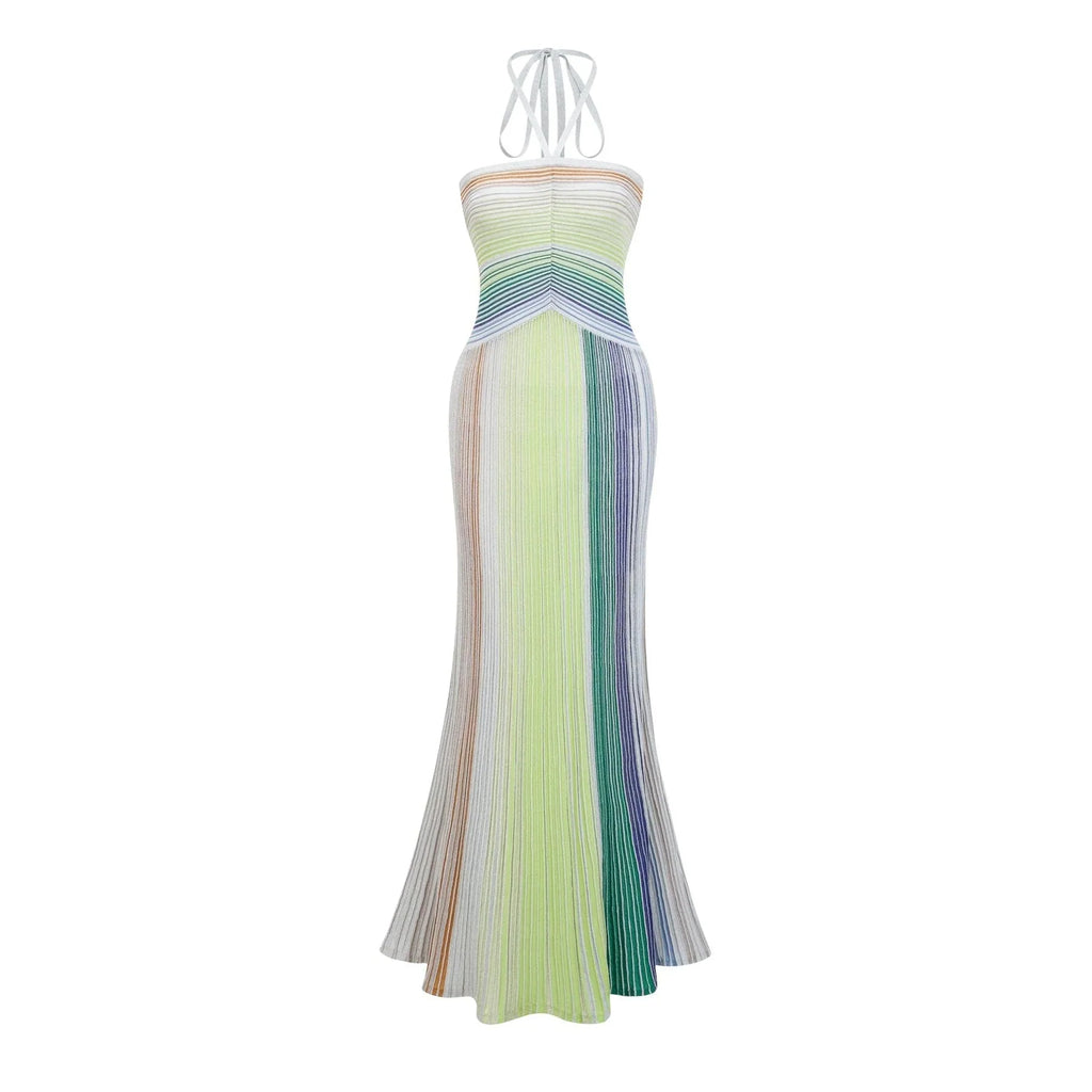 Andrea Maxi Dress Green Striped Glitter Halter - neck Open - back
