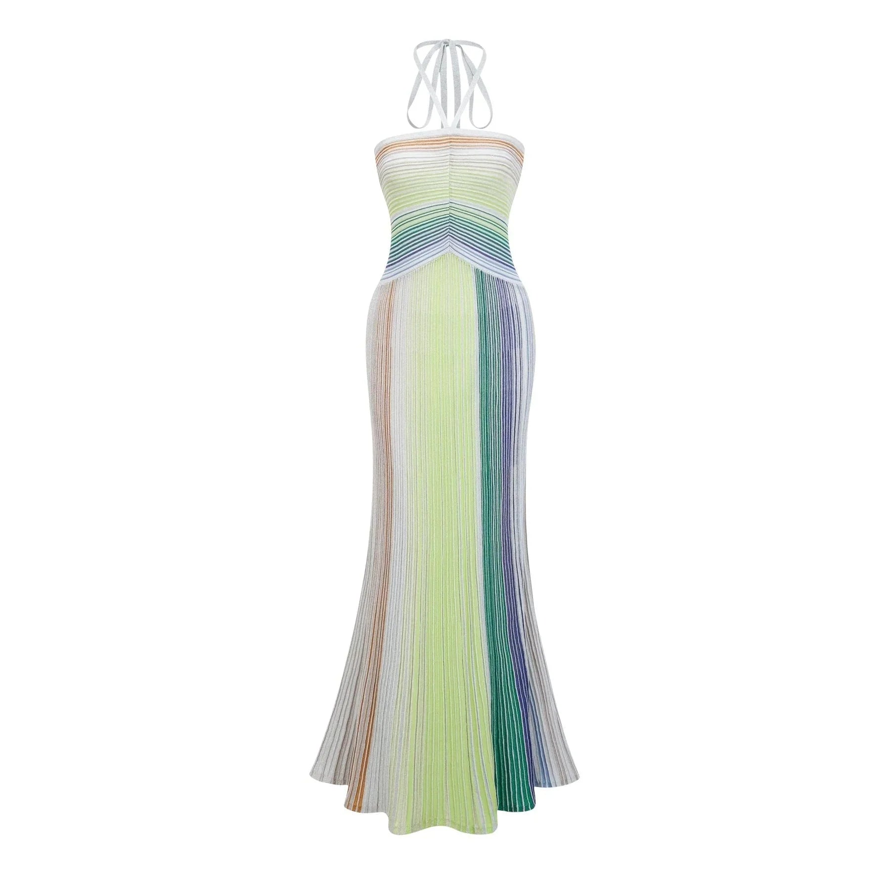 Andrea Maxi Dress Green Striped Glitter Halter - neck Open - back