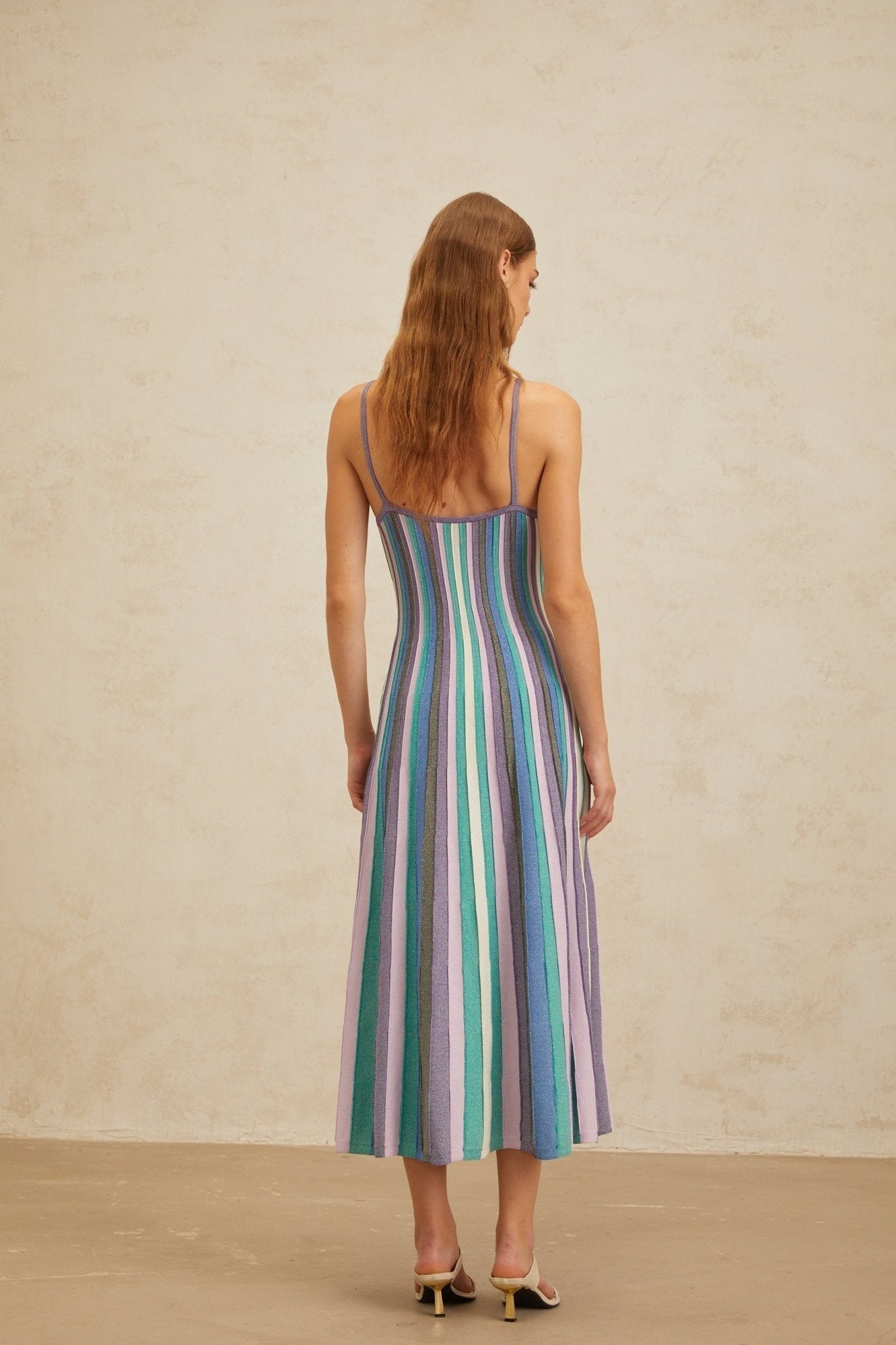 Andrea Midi Dress - V - Neck - Sleeveless - Stripe Pattern - Metallic Threading - Pleated Detailing
