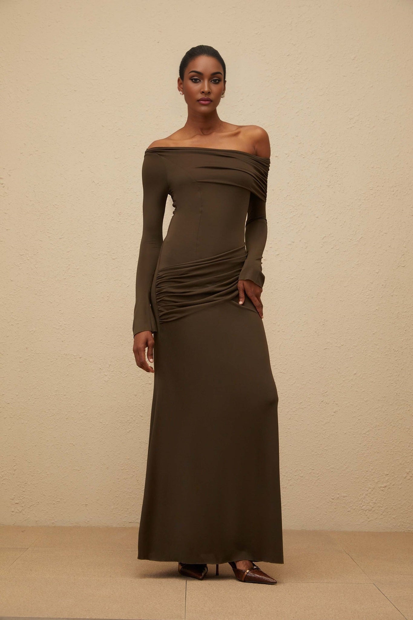 Andromeda Maxi Dress - One Shoulder - Ruched Detail - Stretch Design - Straight Hemline