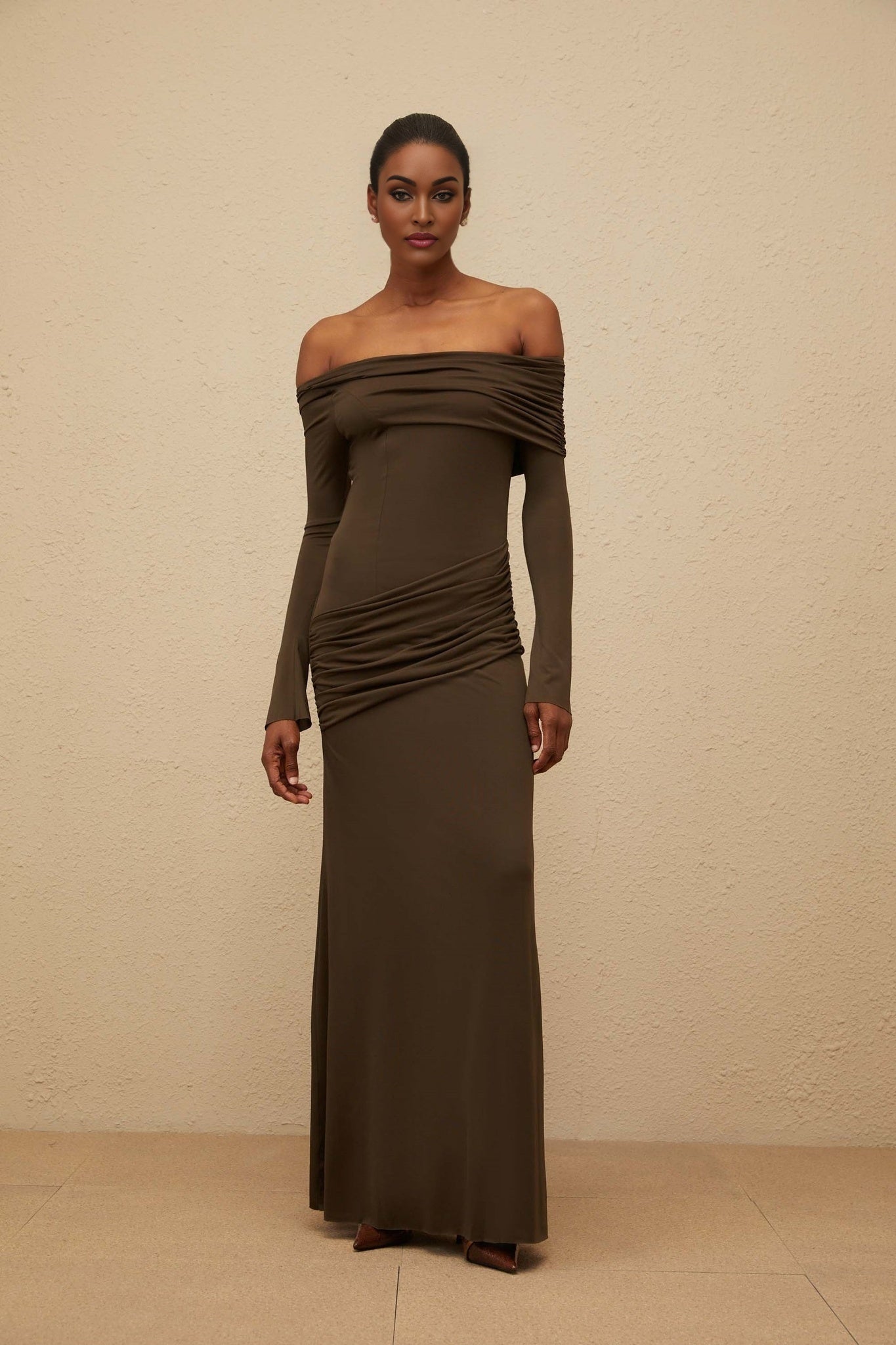 Andromeda Maxi Dress - One Shoulder - Ruched Detail - Stretch Design - Straight Hemline