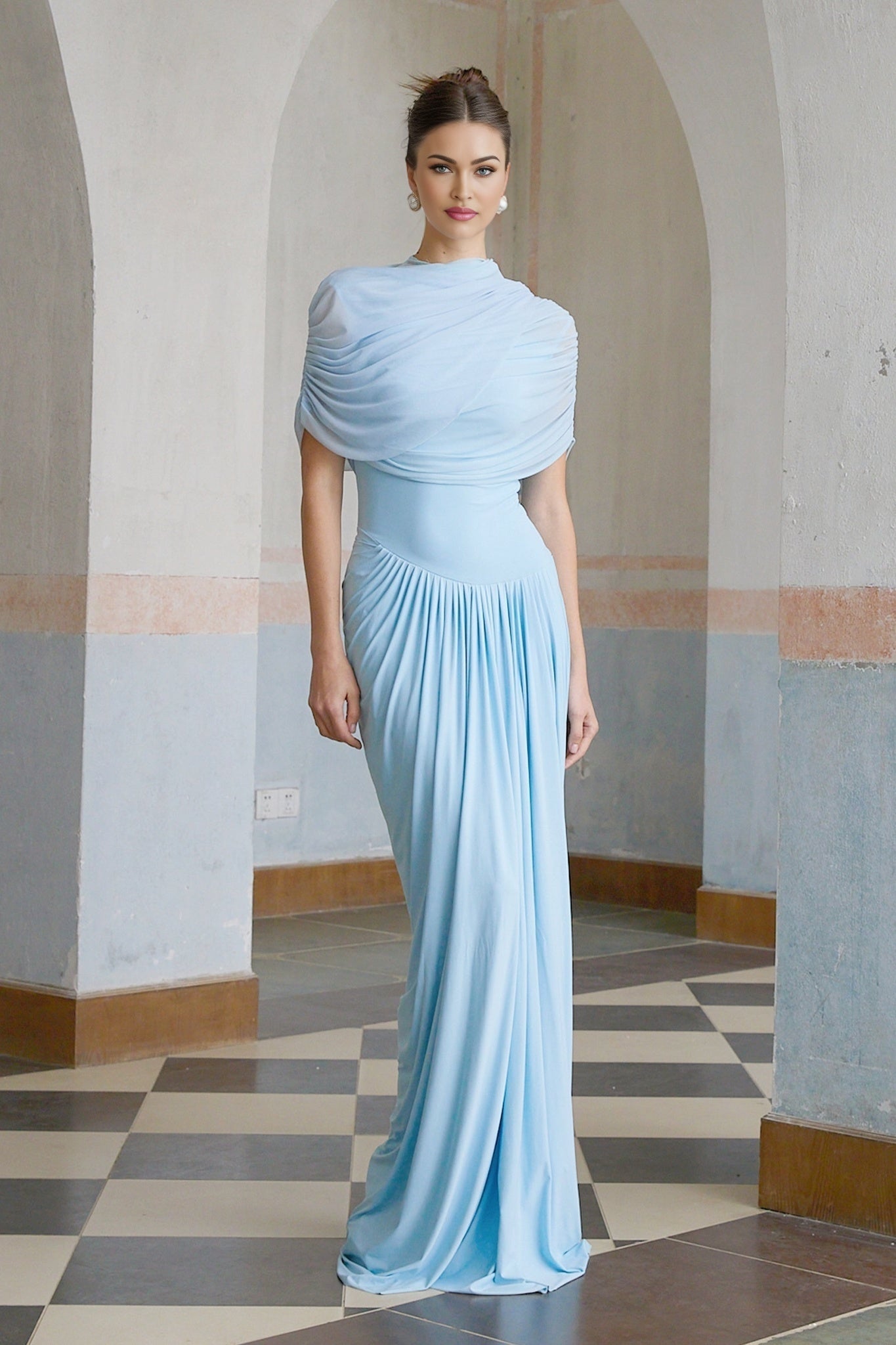Andromeda Maxi Dress - Sleeveless with Crew Neck - Stylish Shawl Design - Asymmetric Pleated Detailing - Floor - Length Silhouette