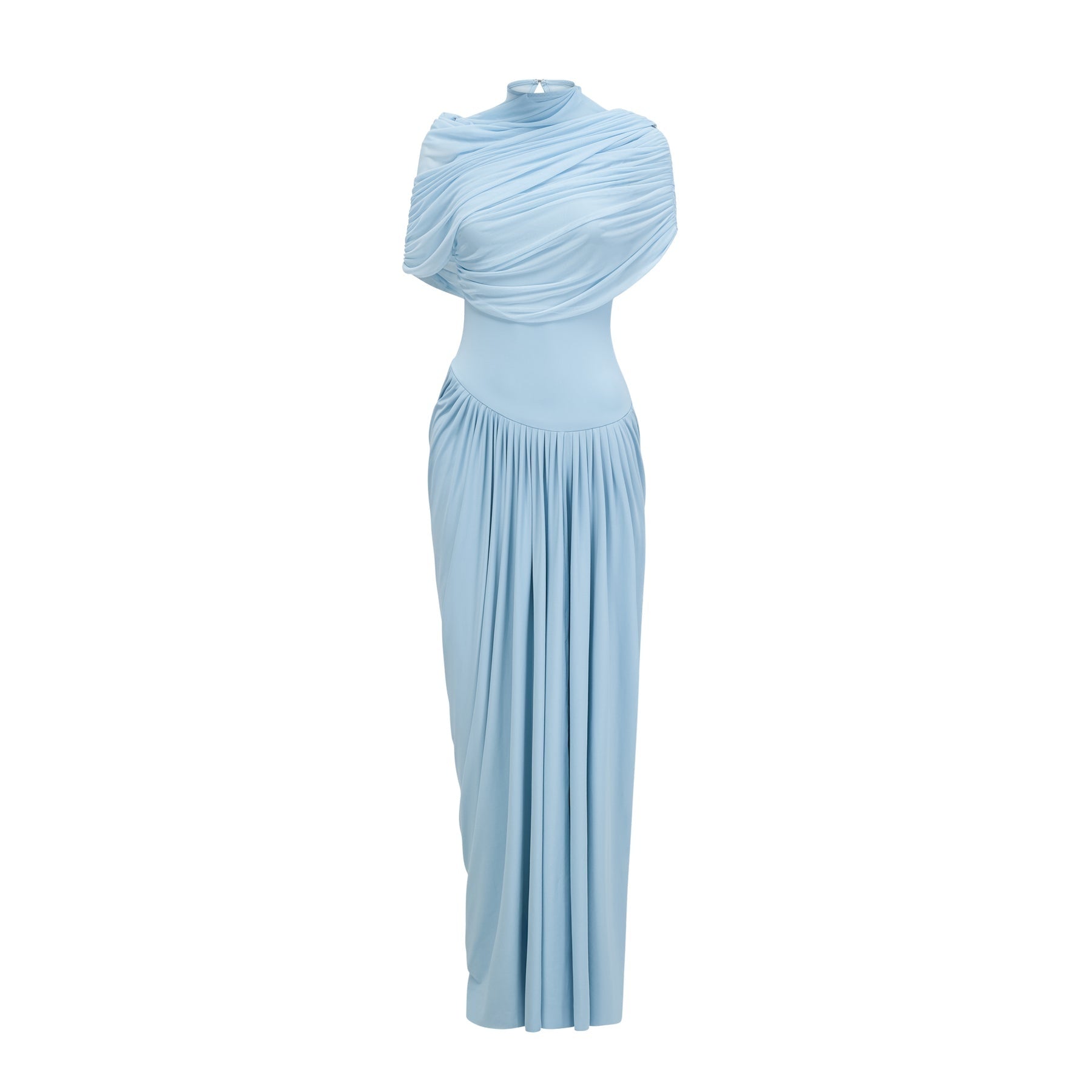 Andromeda Maxi Dress - Sleeveless with Crew Neck - Stylish Shawl Design - Asymmetric Pleated Detailing - Floor - Length Silhouette