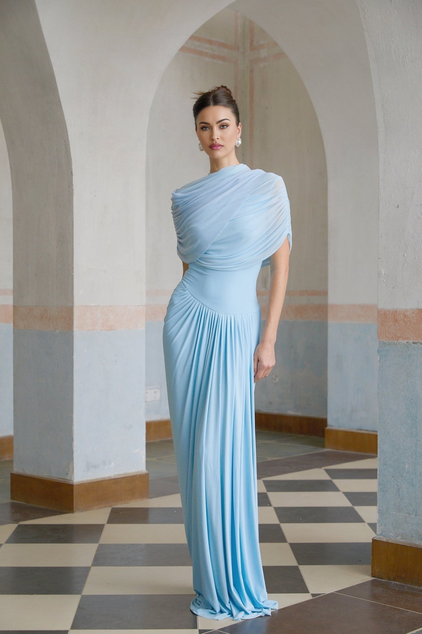 Andromeda Maxi Dress - Sleeveless with Crew Neck - Stylish Shawl Design - Asymmetric Pleated Detailing - Floor - Length Silhouette