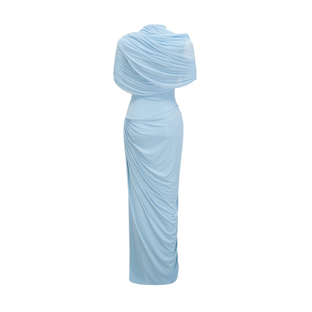 Andromeda Maxi Dress - Sleeveless with Crew Neck - Stylish Shawl Design - Asymmetric Pleated Detailing - Floor - Length Silhouette