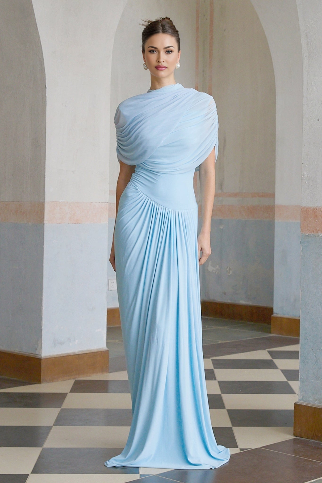 Andromeda Maxi Dress - Sleeveless with Crew Neck - Stylish Shawl Design - Asymmetric Pleated Detailing - Floor - Length Silhouette
