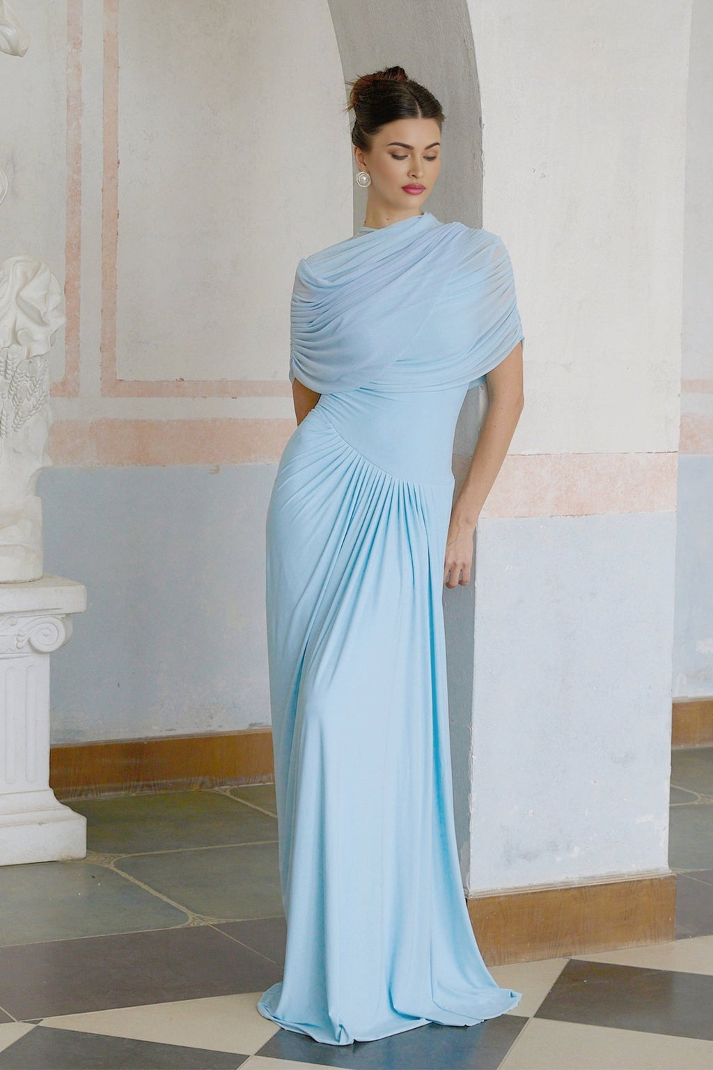 Andromeda Maxi Dress - Sleeveless with Crew Neck - Stylish Shawl Design - Asymmetric Pleated Detailing - Floor - Length Silhouette