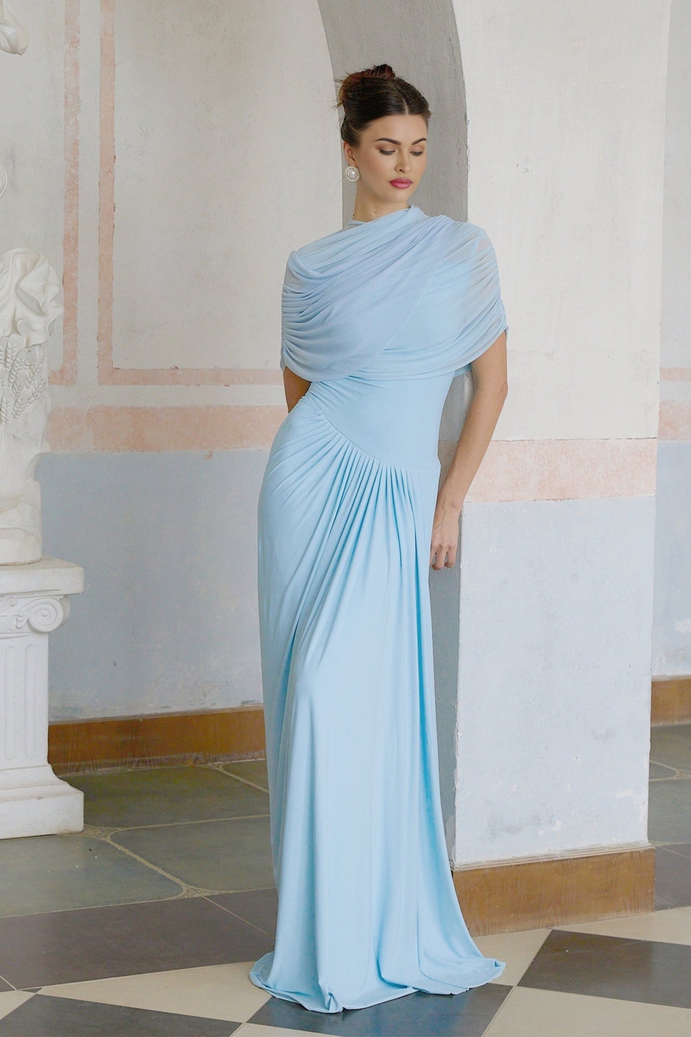 Andromeda Maxi Dress - Sleeveless with Crew Neck - Stylish Shawl Design - Asymmetric Pleated Detailing - Floor - Length Silhouette