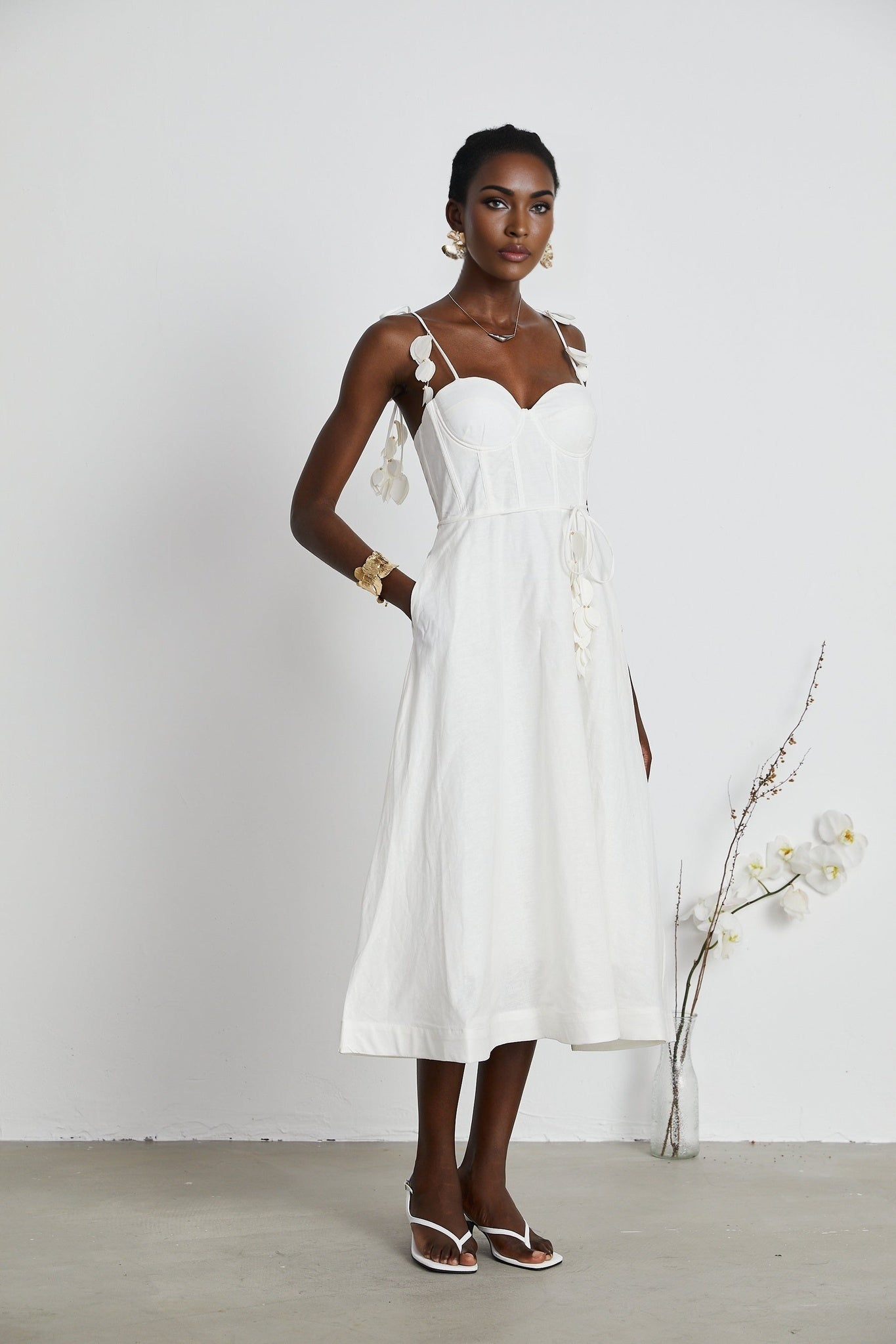 Andromeda Midi Dress - Sweetheart Neckline - Bustier Style - Rouleau Straps - Pockets Zip Length