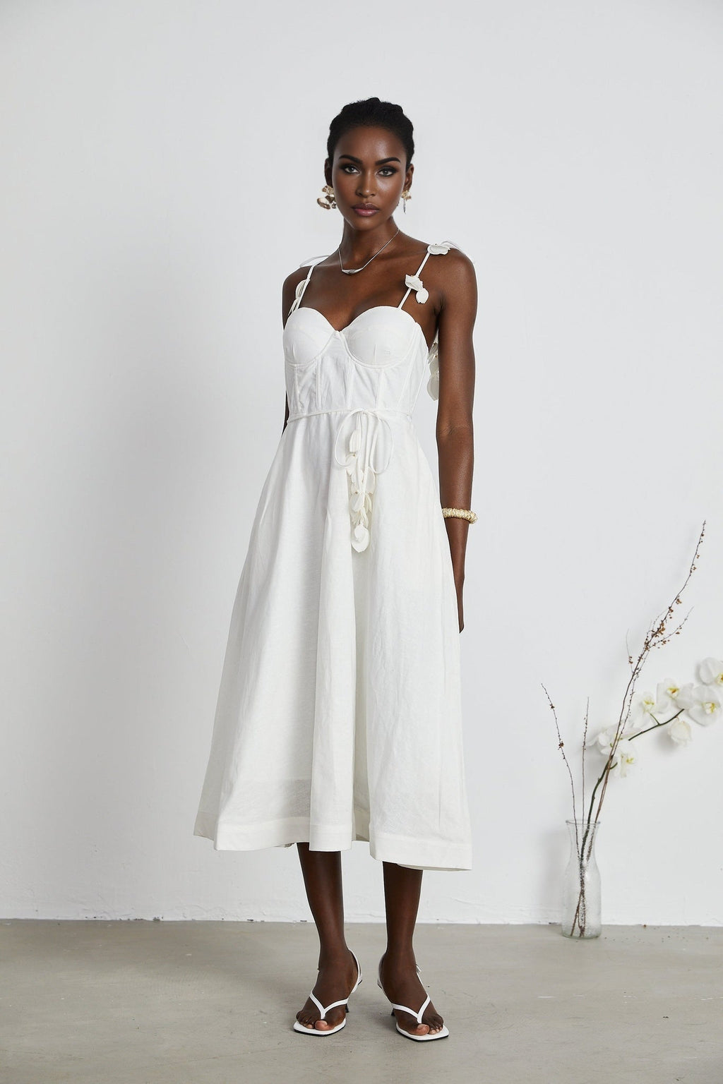 Andromeda Midi Dress - Sweetheart Neckline - Bustier Style - Rouleau Straps - Pockets Zip Length