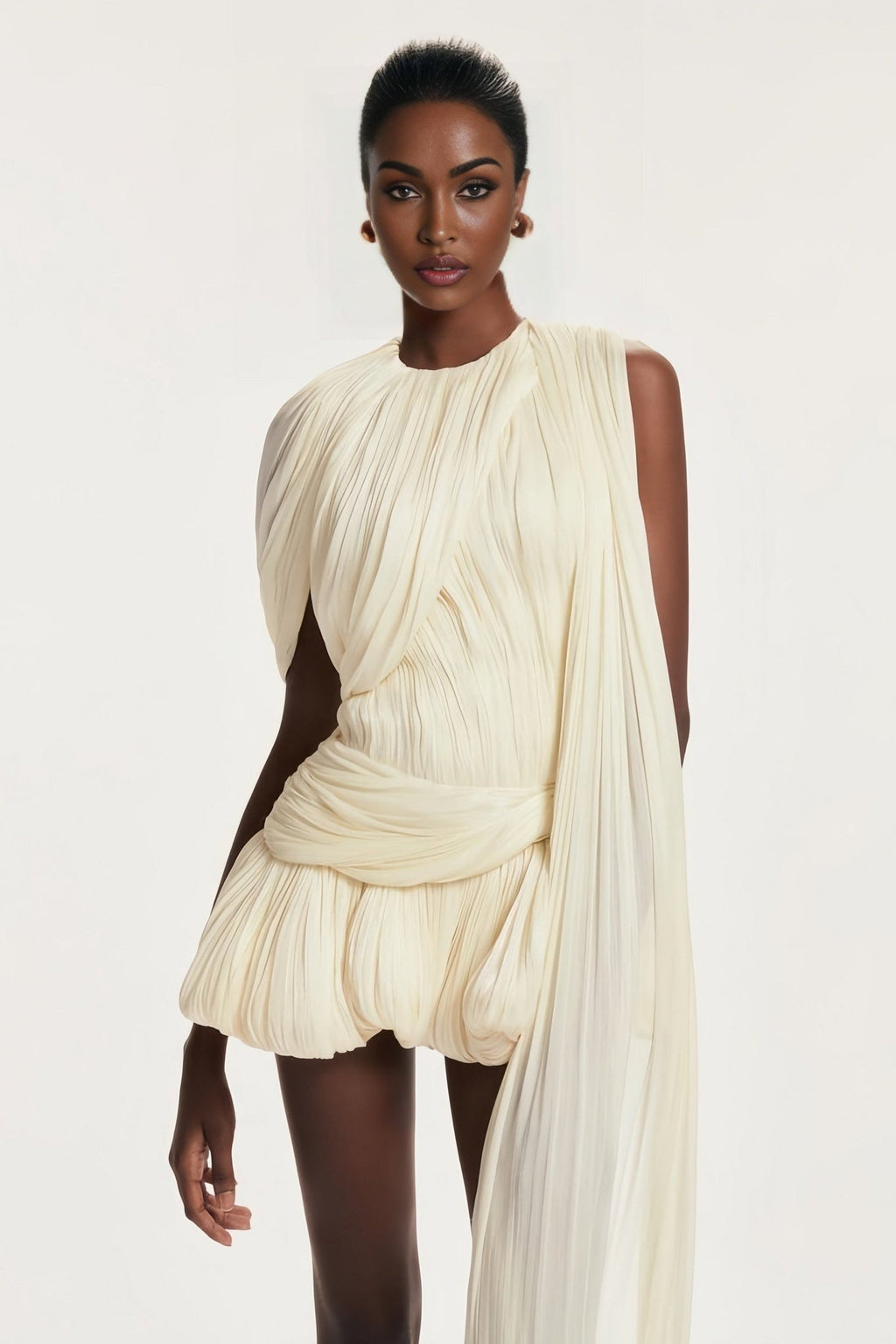Andromeda Mini Dress – Round Neck – Twist Detailing – Asymmetric Design