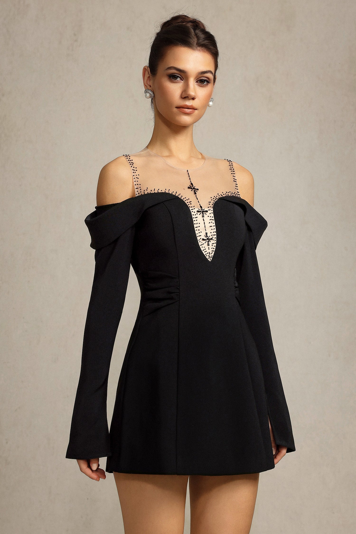 Angel Black Off-Shoulder Bell Sleeve Mini Dress