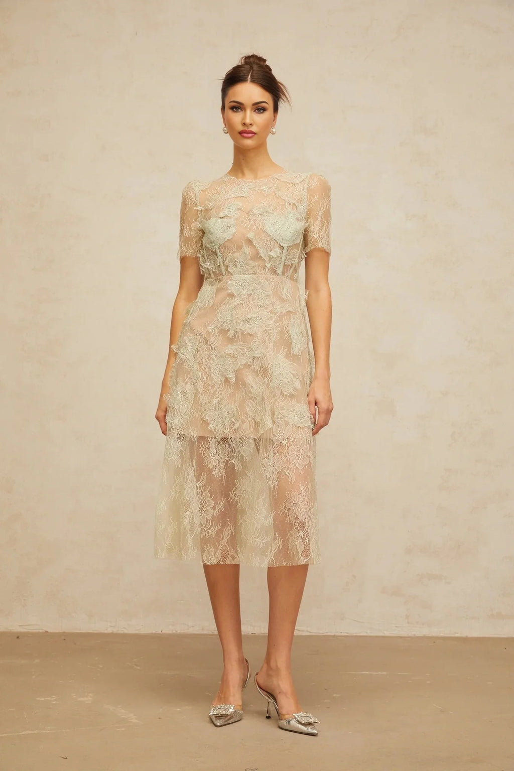 Angel Midi Dress Mint - Green Floral - Lace & Boned Bodice