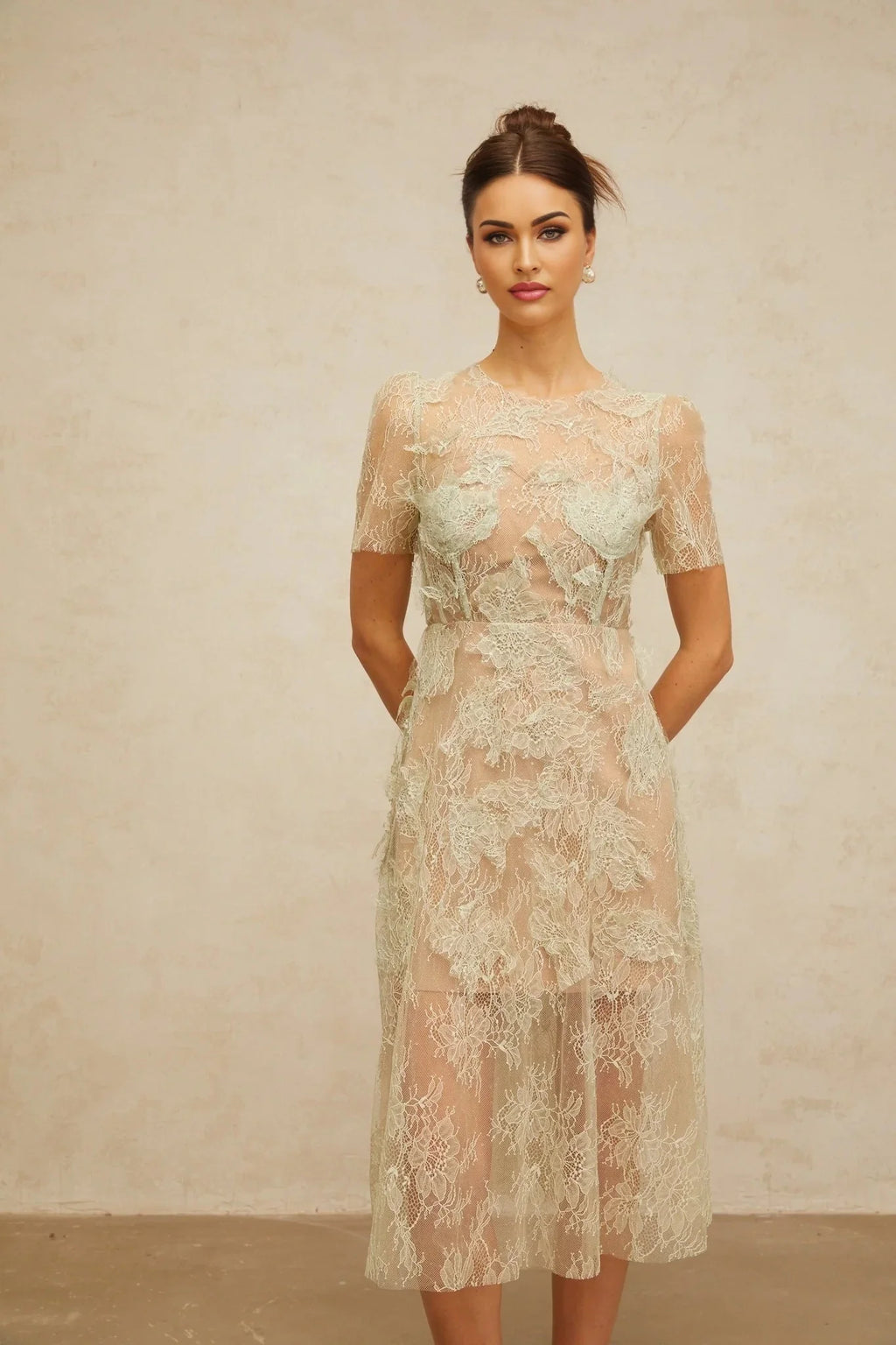 Angel Midi Dress Mint - Green Floral - Lace & Boned Bodice