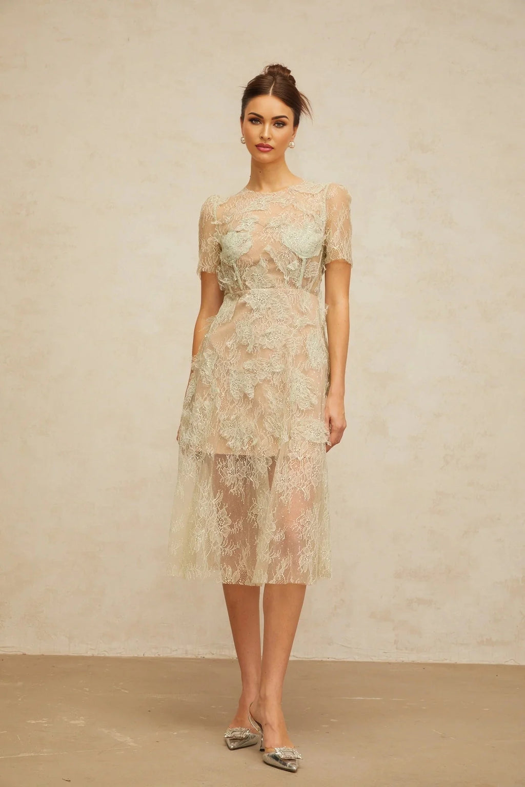 Angel Midi Dress Mint - Green Floral - Lace & Boned Bodice