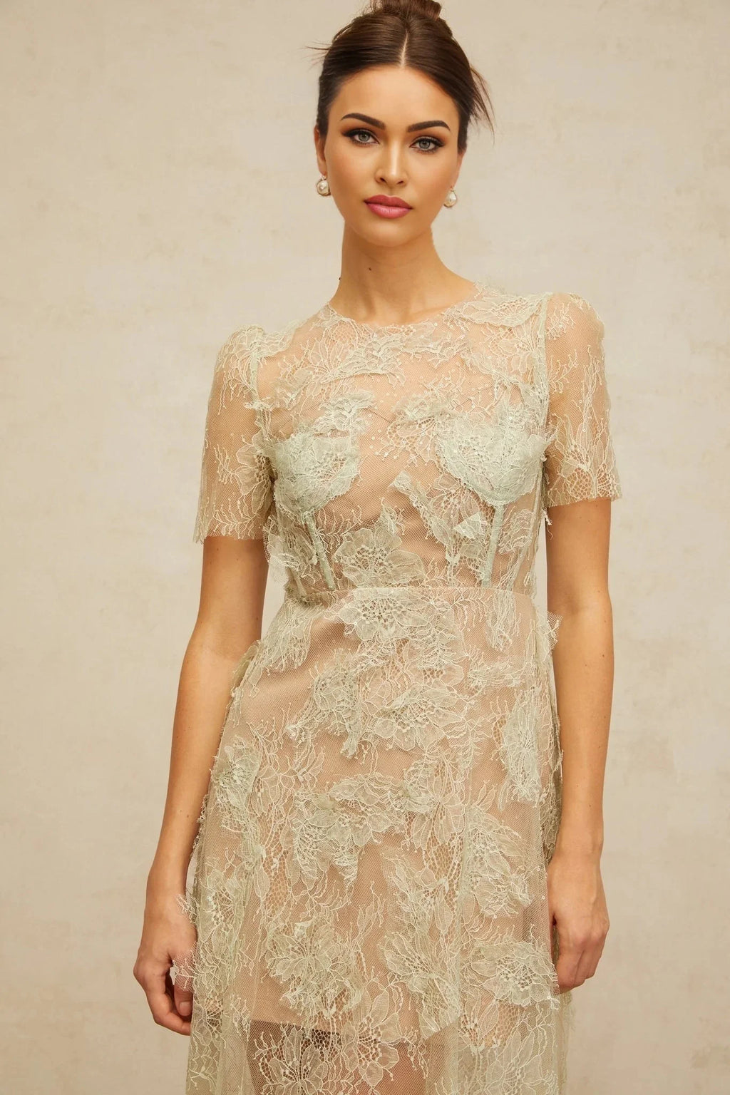 Angel Midi Dress Mint - Green Floral - Lace & Boned Bodice