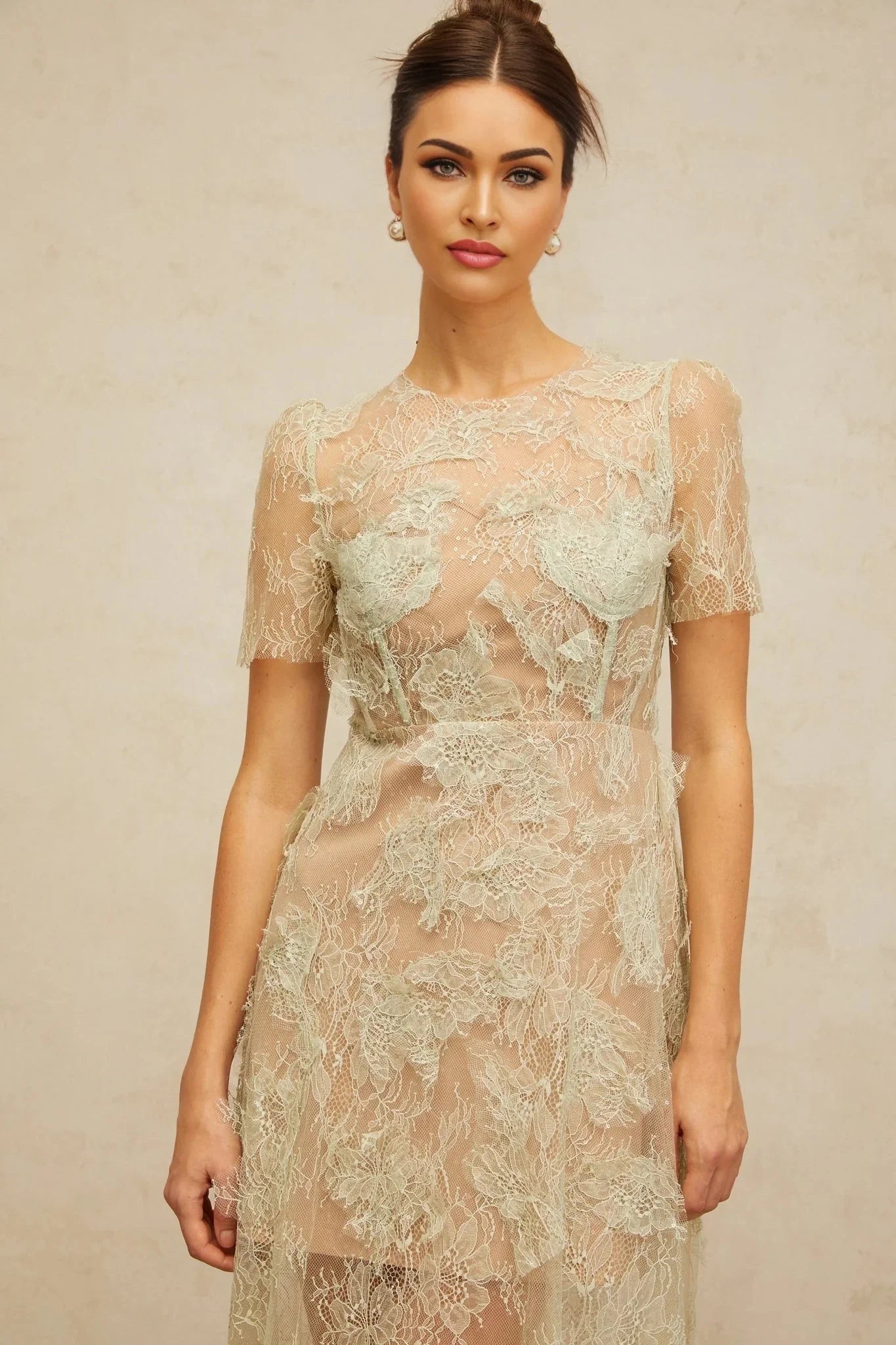 Angel Midi Dress Mint - Green Floral - Lace & Boned Bodice