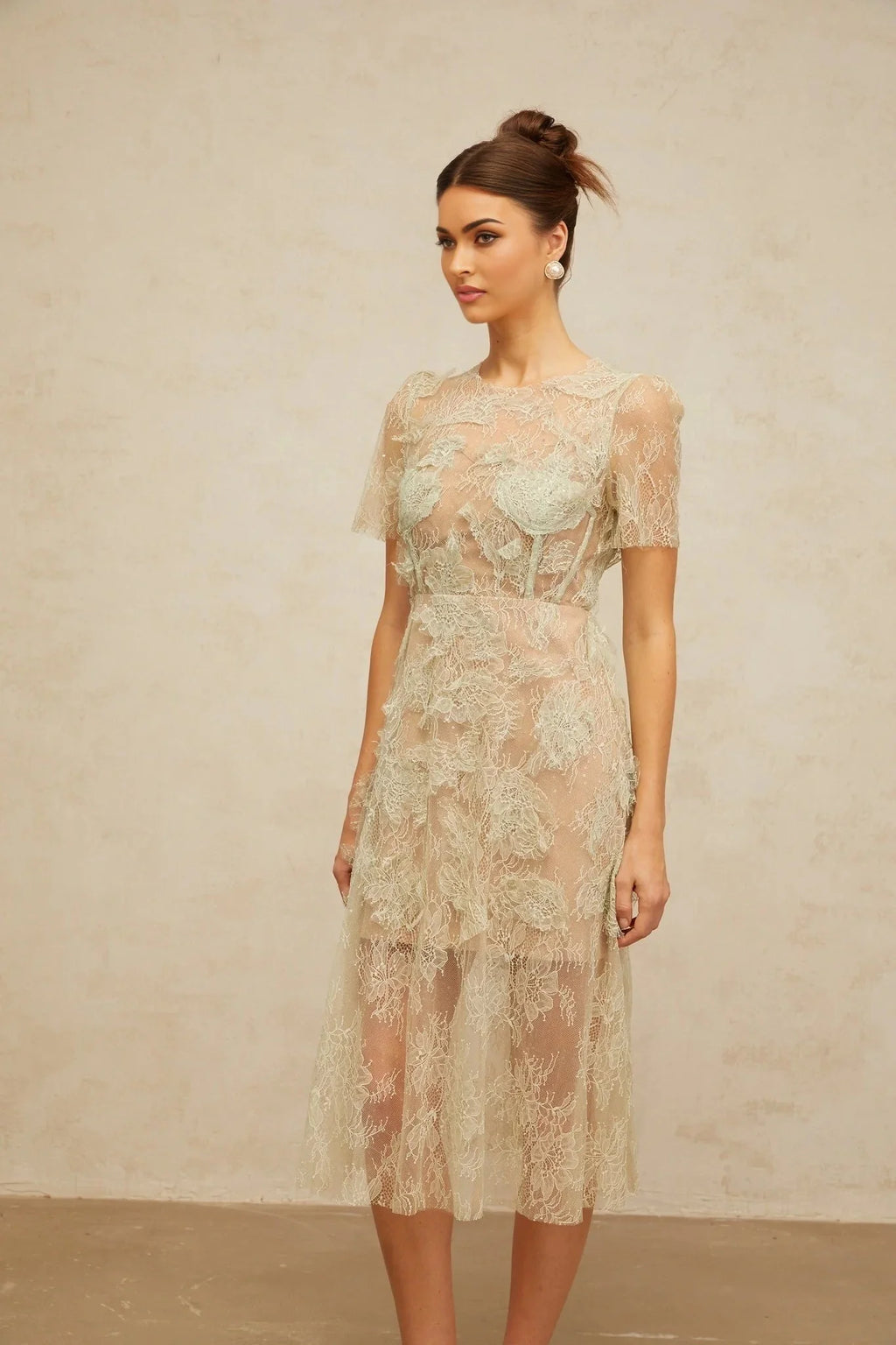 Angel Midi Dress Mint - Green Floral - Lace & Boned Bodice