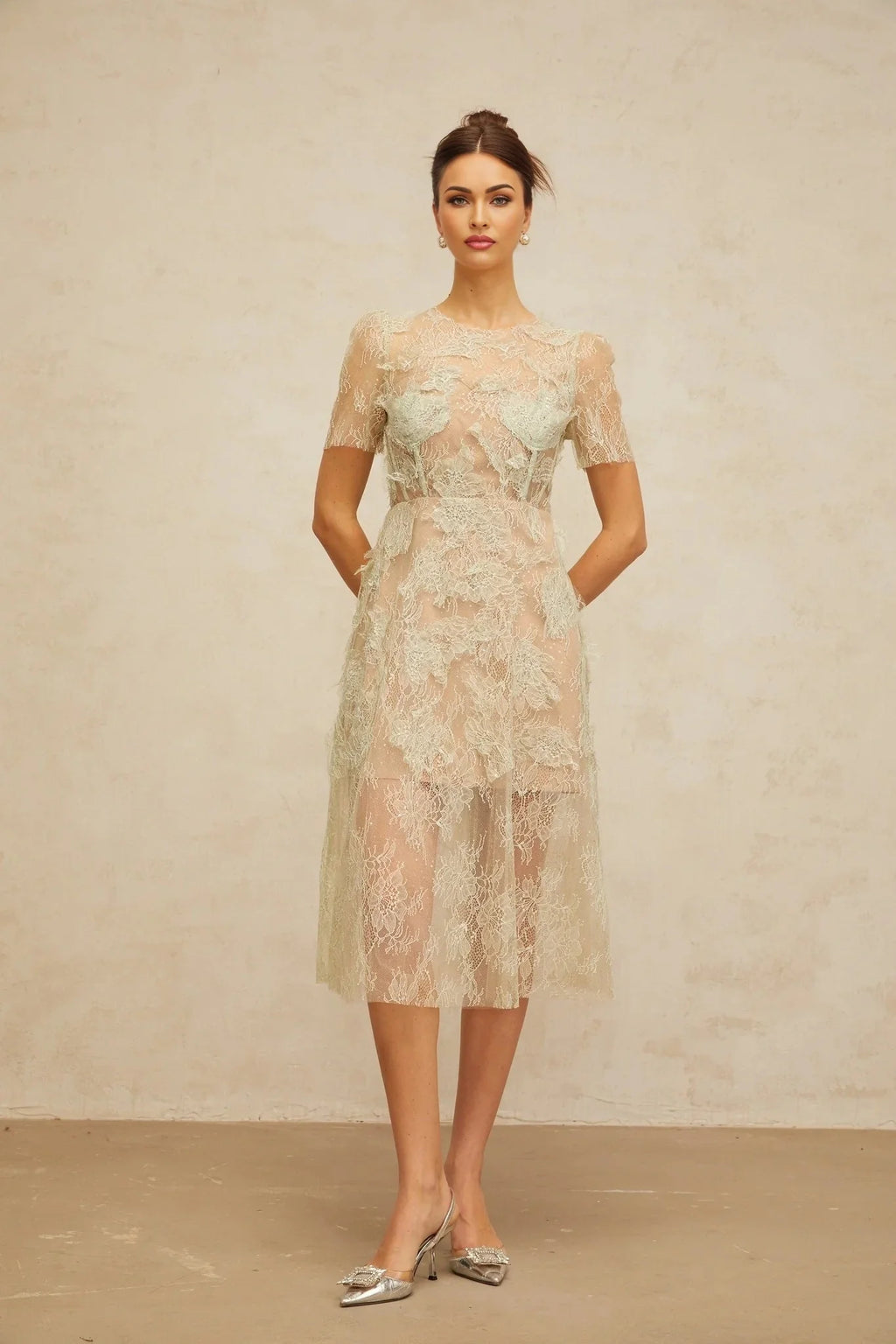 Angel Midi Dress Mint - Green Floral - Lace & Boned Bodice