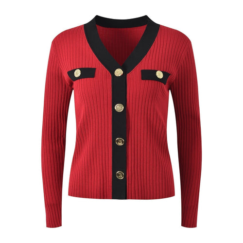 Angel V - Neck Ribbed Dress - Button - Down with Gold Buttons - Patch Pockets