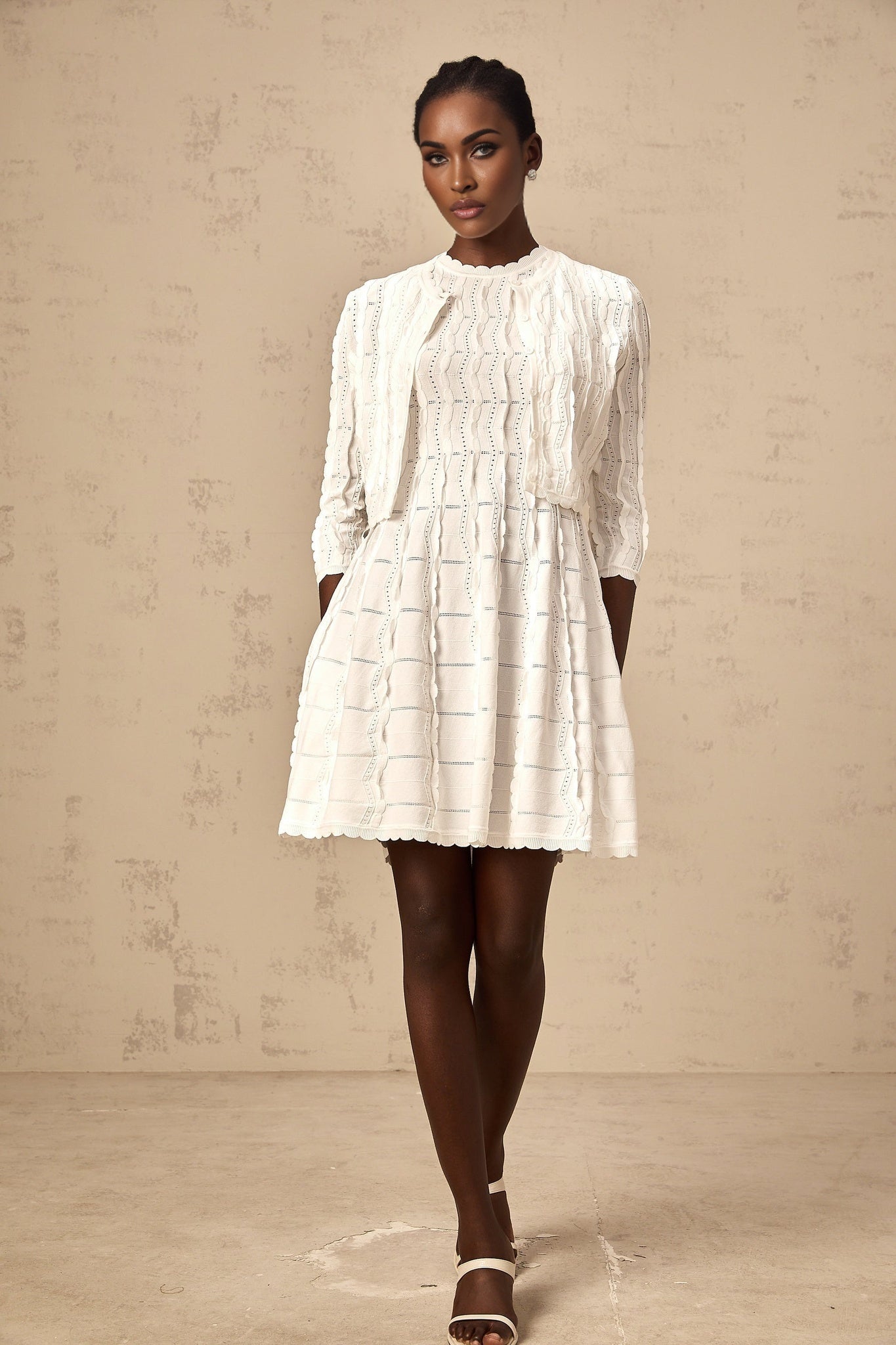 Angela Knitted Cardigan - Crew Neck - Long Sleeves - Ruffled Detailing - Scallop Hem